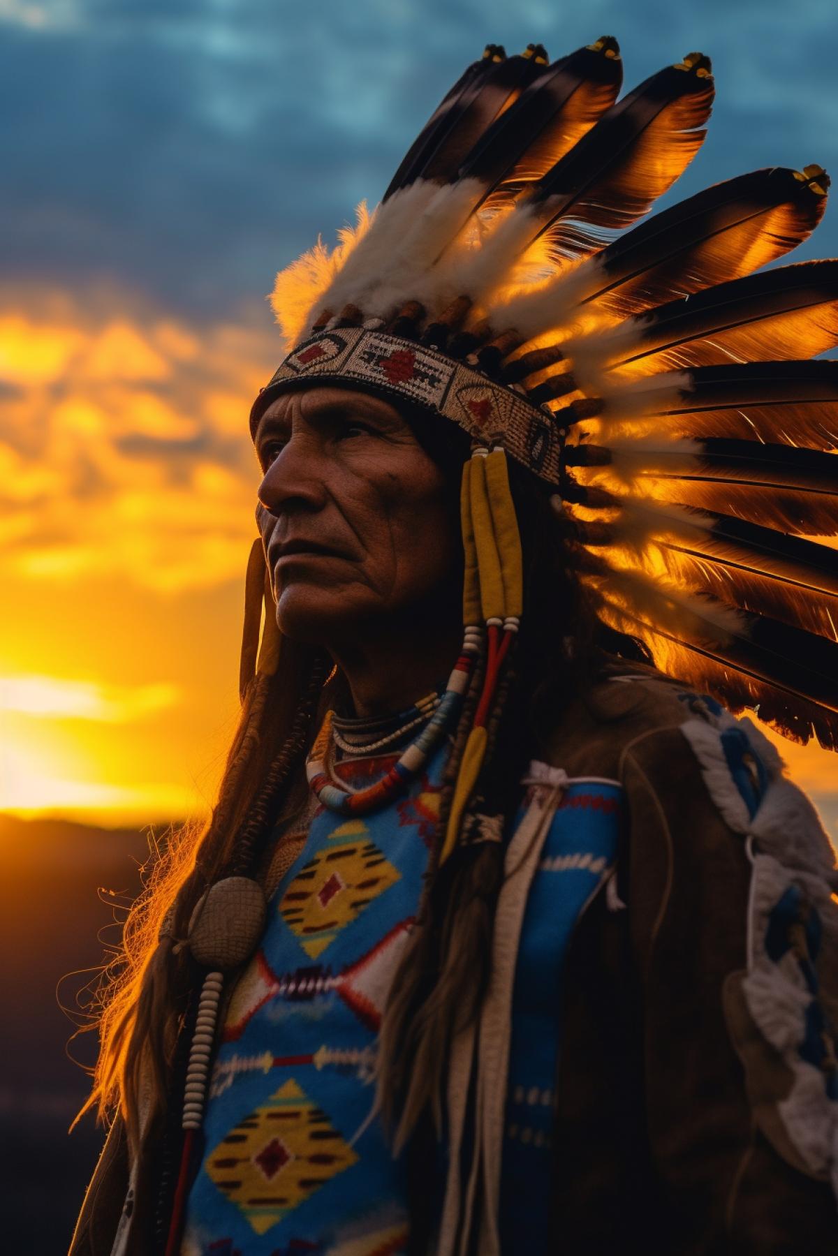 Proud Indian chief in national costume at sunset