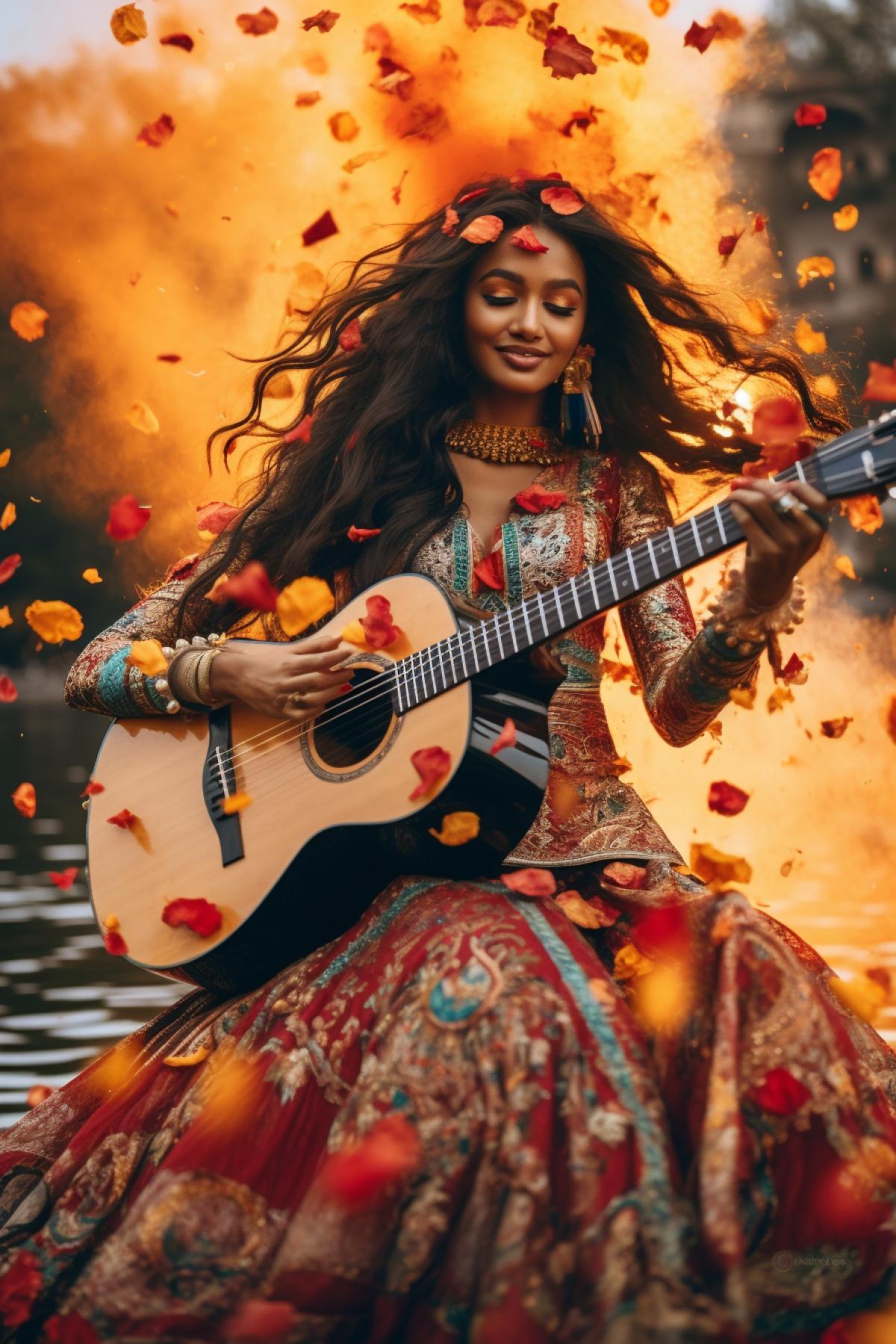 A beautiful young Indian woman in a national costume on a fun holiday. Guitar. Horses. People. Fireworks bursts. Photo in full growth. The photo was taken in motion. High detail.