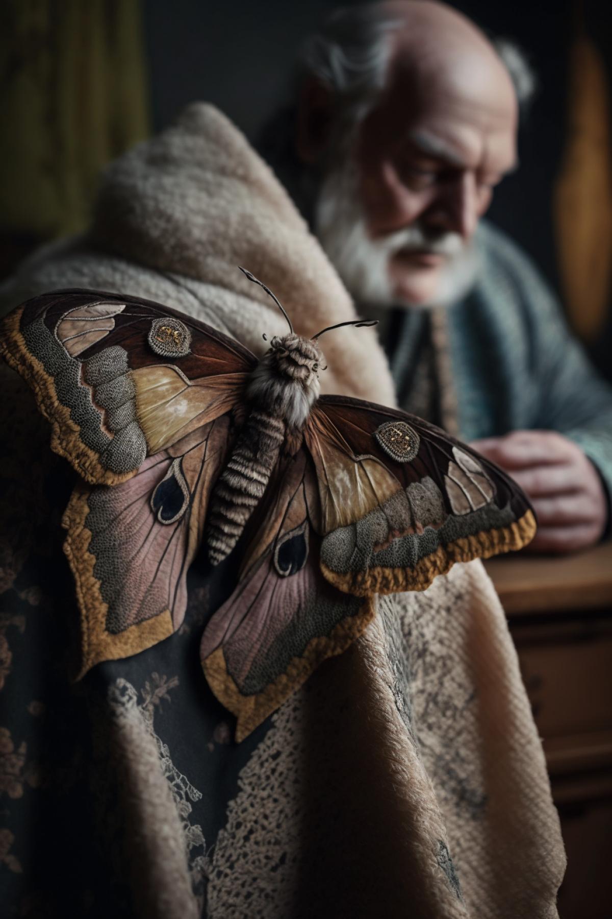 The moth eats the fabric of an ancient national costume. Macro photography. The background is out of focus. Against the background is a sad elderly man. Professional photography.