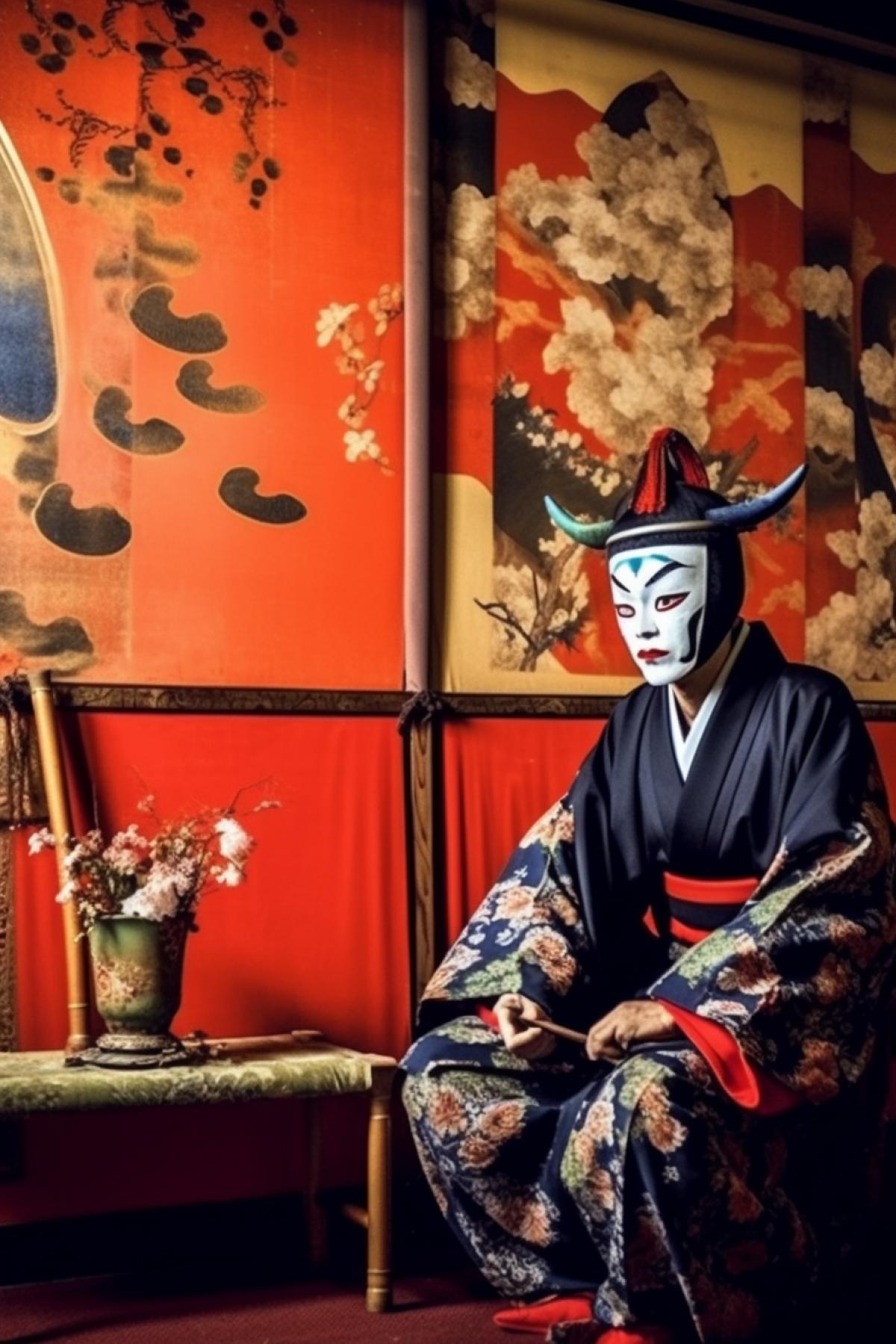 The medieval actor of kabuki theatre wearing kimono and gueta in the background of old Japanese interior photo