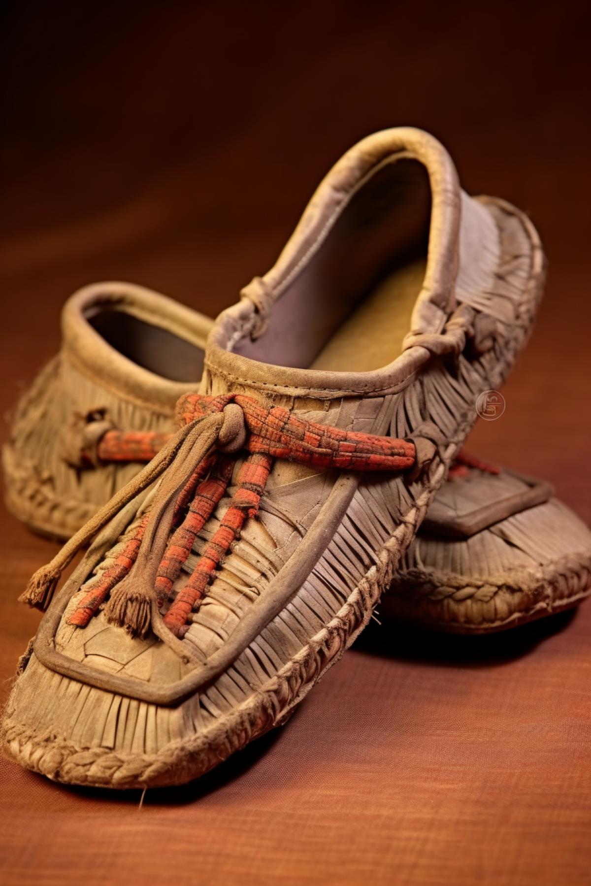 Pair of new very beautiful ancient bast shoes made of splint professional light professional fashion photo of consumer goods