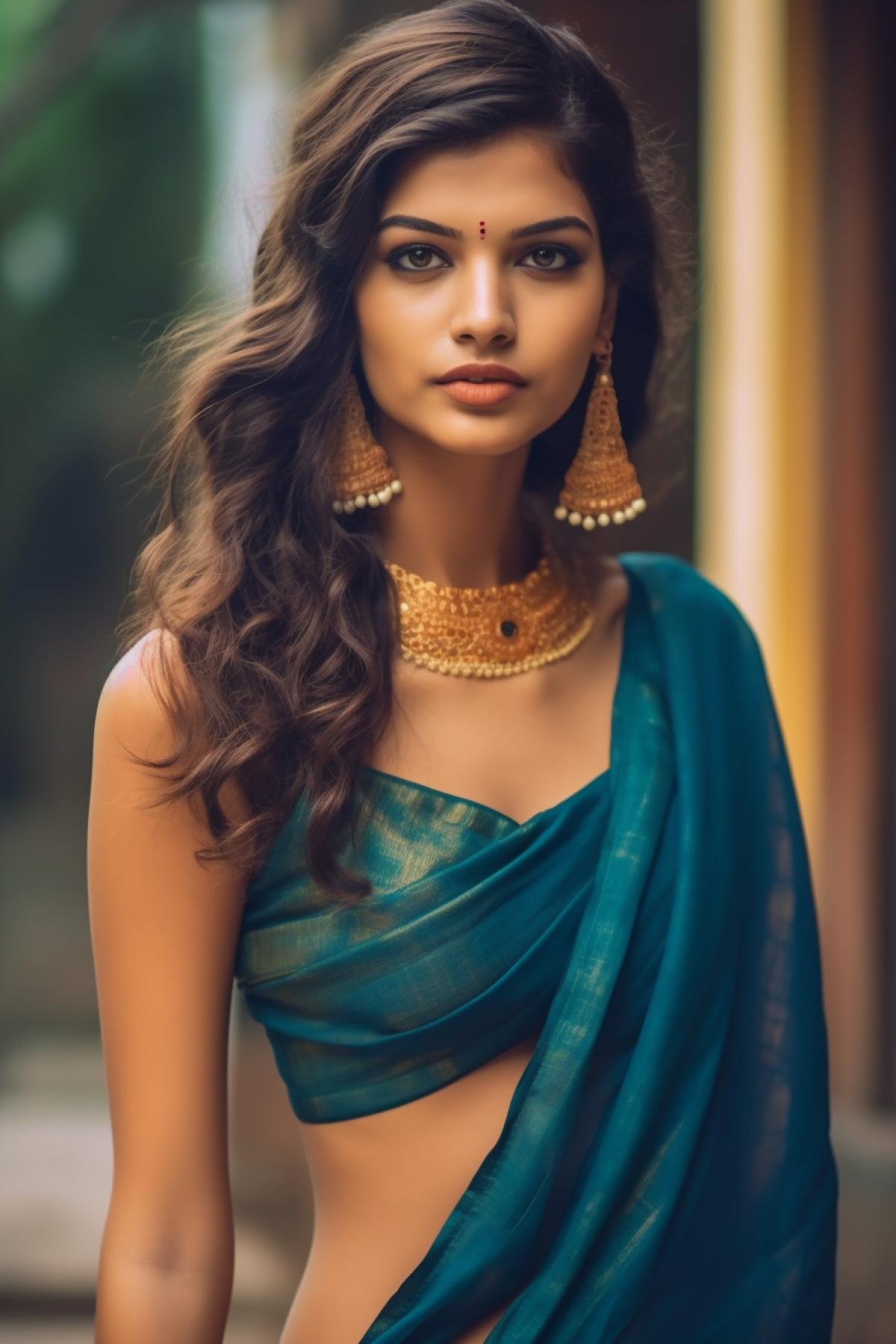 Young beautiful model in India puts on new sari