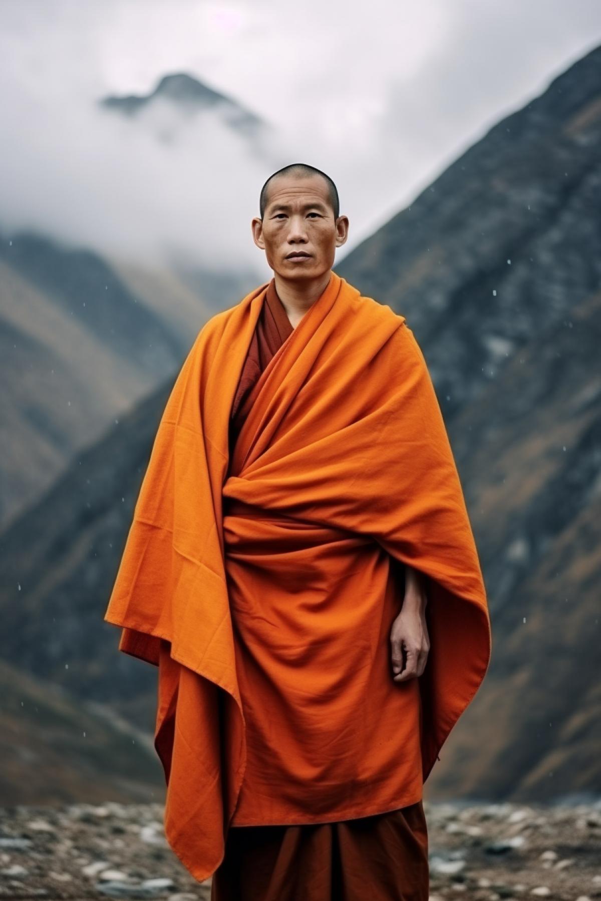 Young handsome Tibetan Buddhist monk wearing orange clothes on the background of Tibet mountains