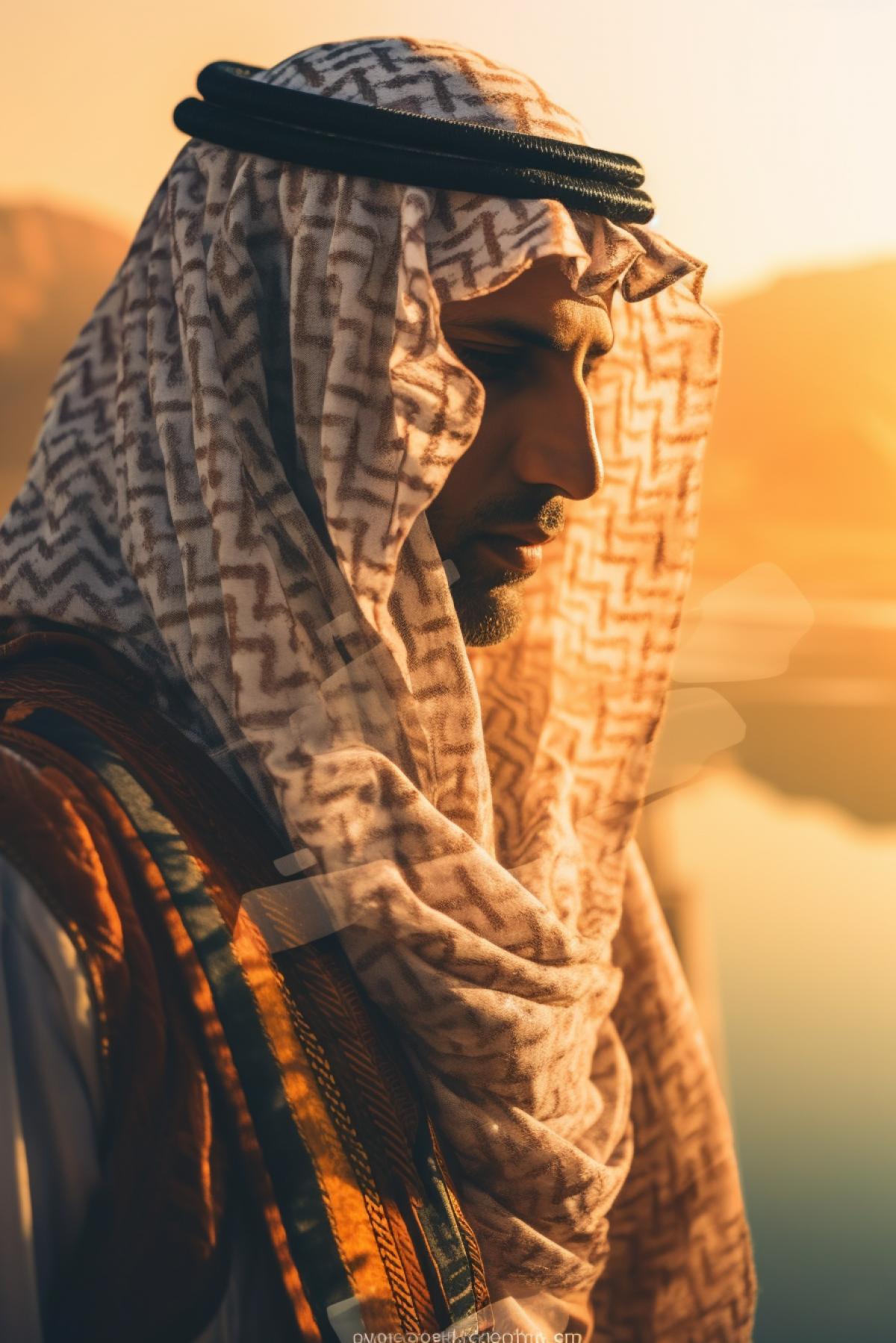 Arab in national costume against the backdrop of sunset, double exposure