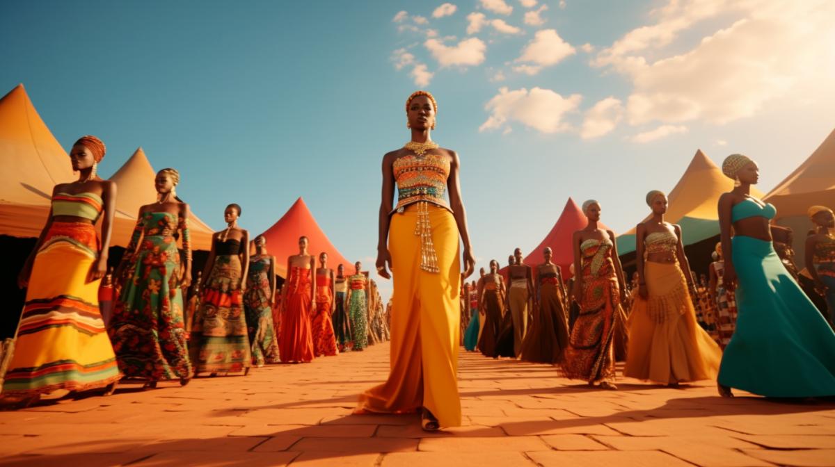 National clothes of South Africa ,fashion show ,big panorama , hi quality, Bright beautiful colors, film effect, 8k