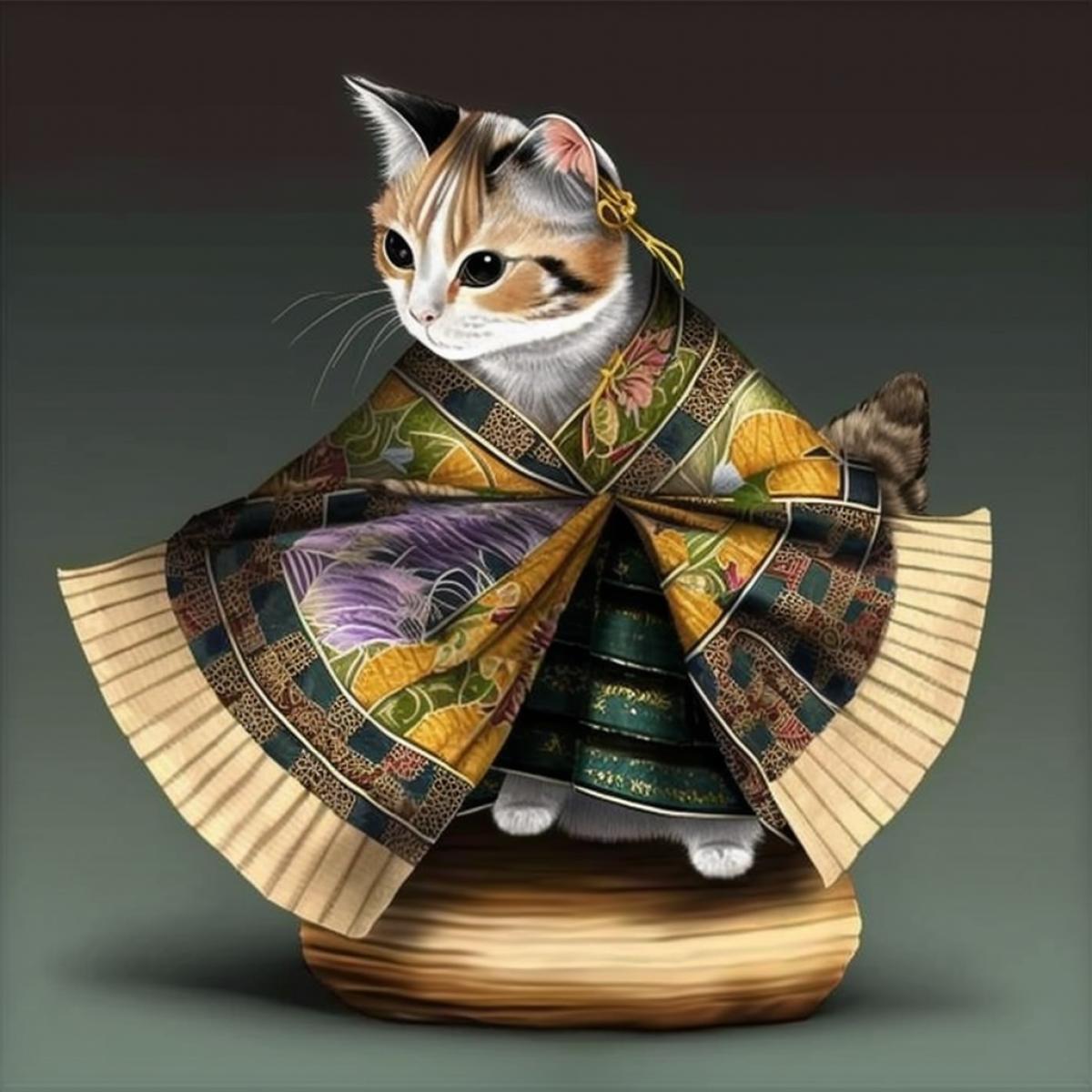 The kitten is dressed in a national Japanese kimono