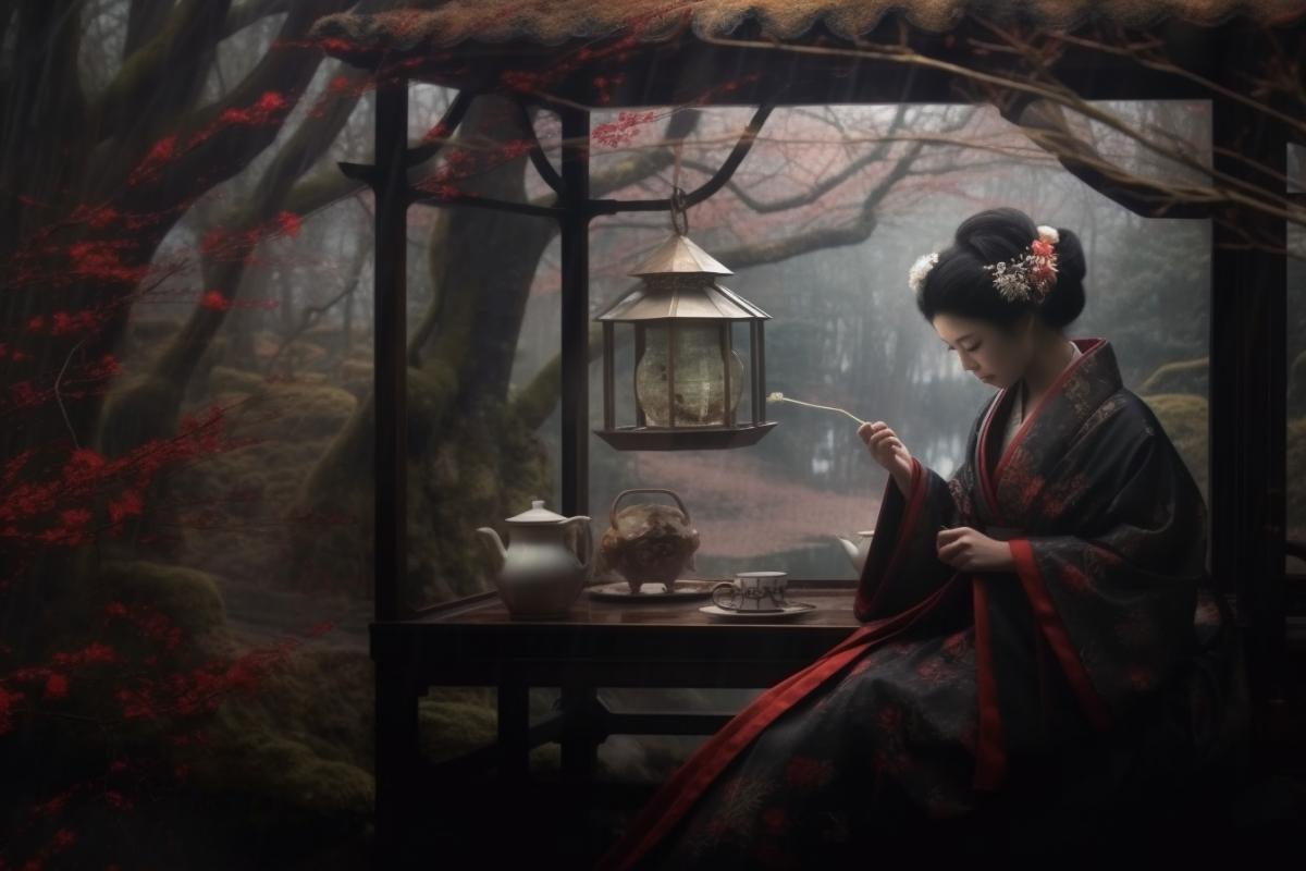 A geisha in traditional Japanese costume pours tea in a gazebo. Spring.