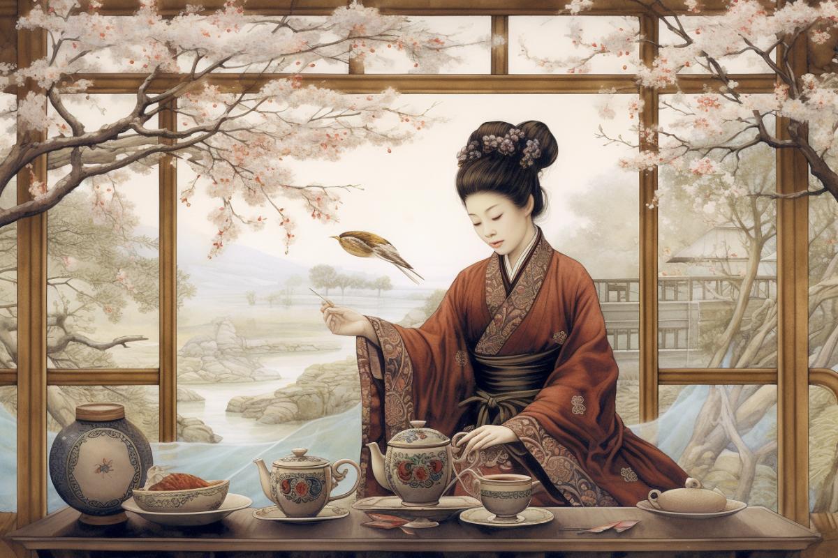 A geisha in traditional Japanese costume pours tea in a gazebo. Spring.