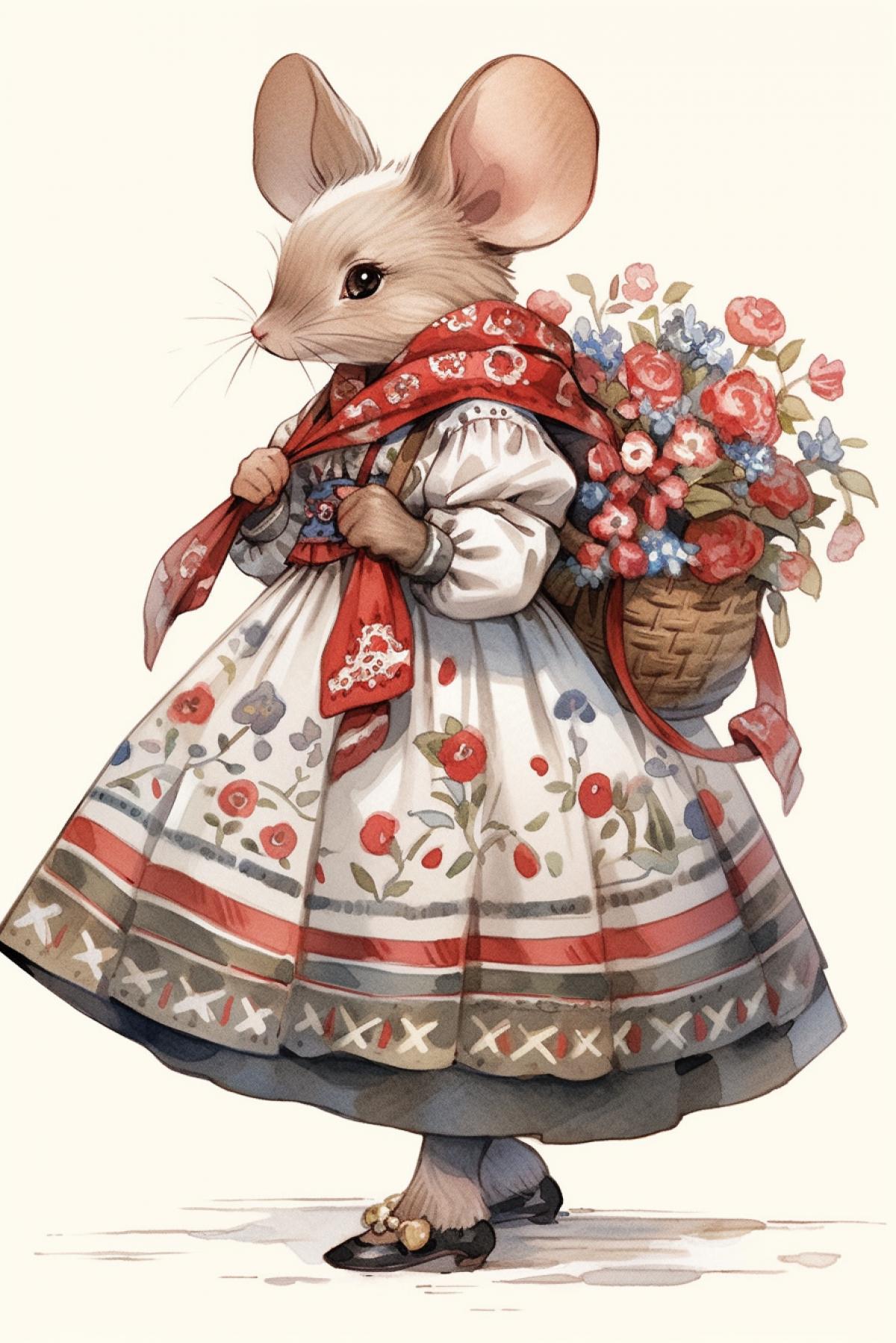 mouse-girl dressed in national dress, pattern, folkloric, in the style of Elsa Beskow and Jean-Baptiste Monge
