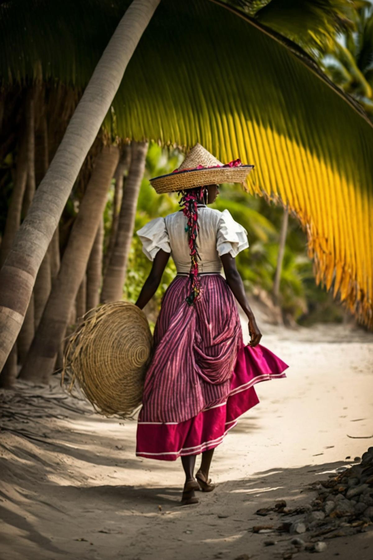 Haitian woman 25 years old walking on a sunny beach, palm leaves instead of a skirt, professional photography