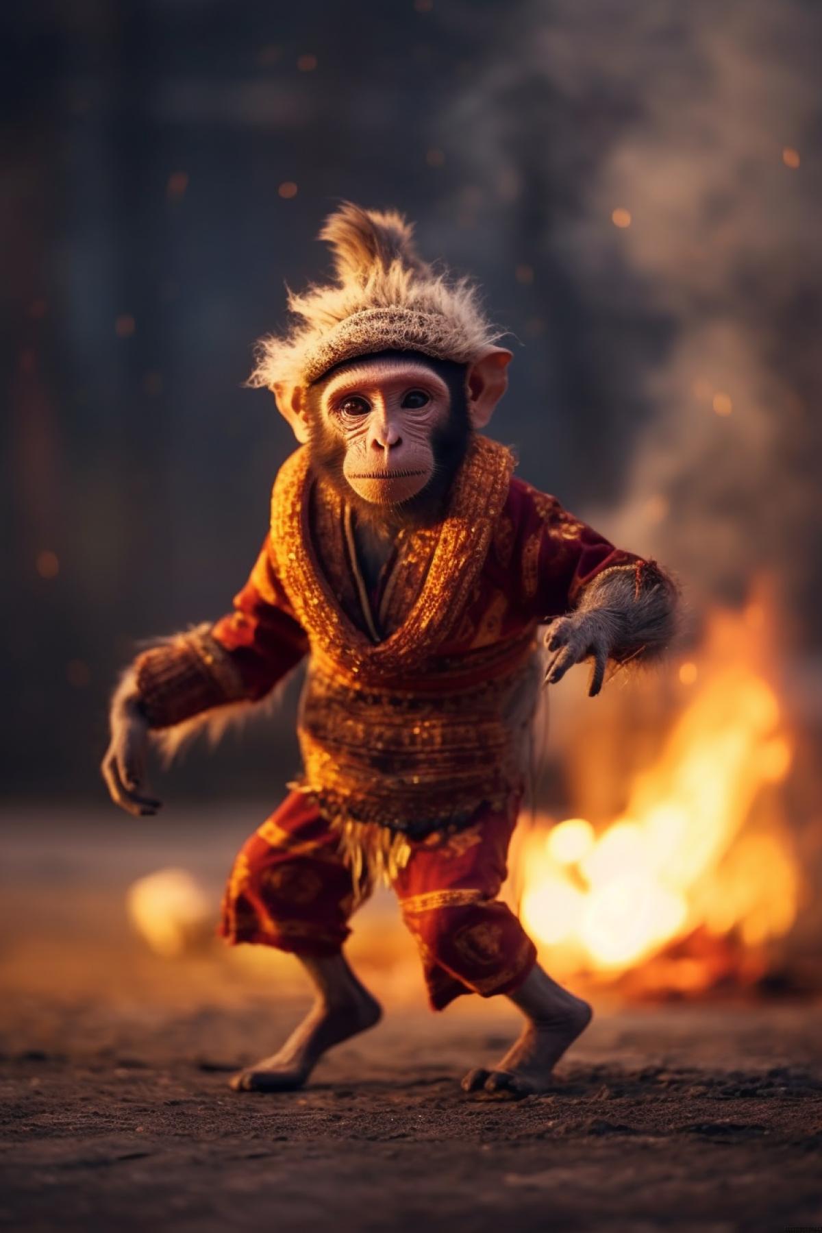 A monkey in an Indian costume jumps near the fire