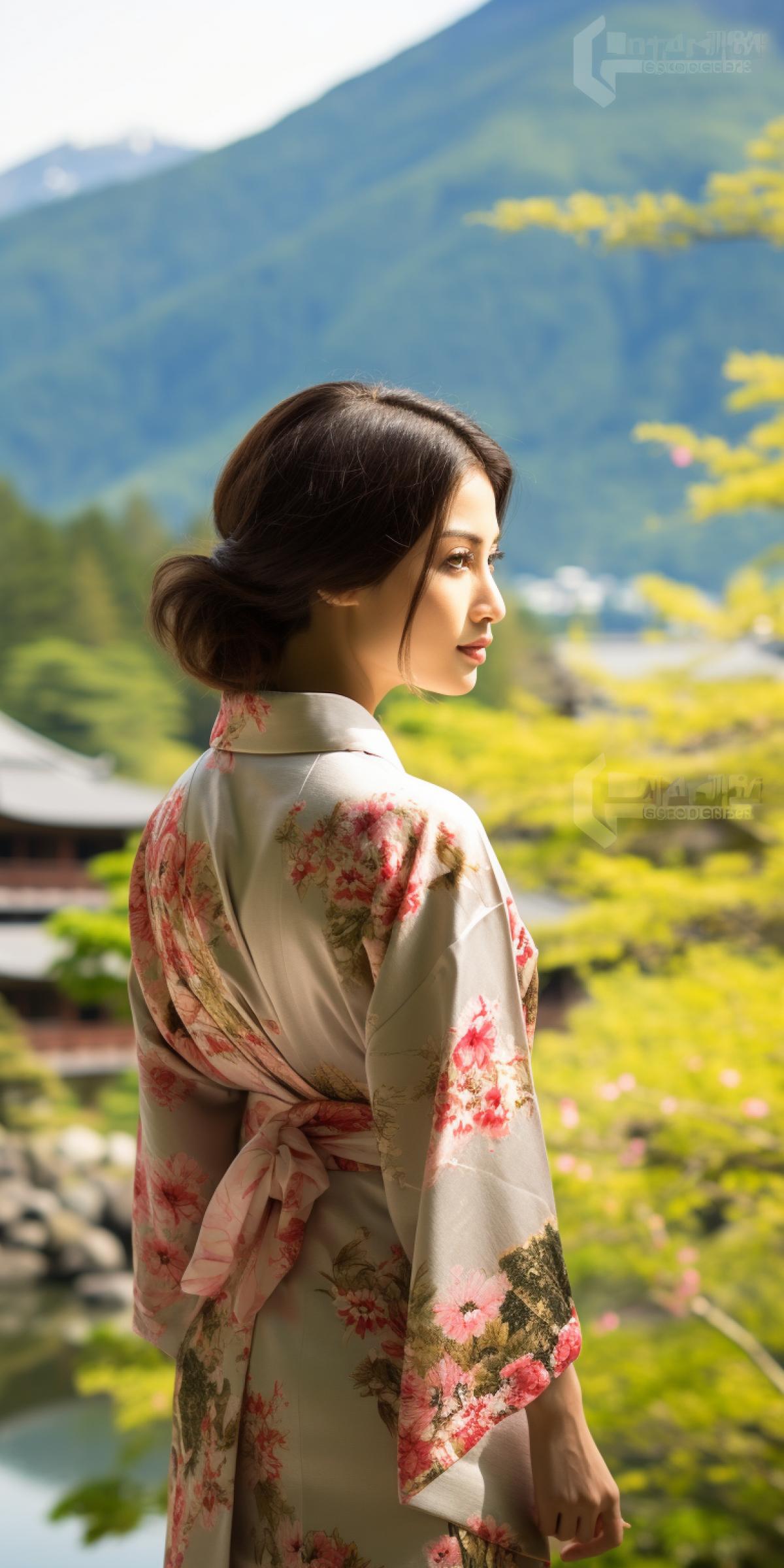 beautiful Asian girl, wearing a kimono, in a japanese garden, looking at mountains