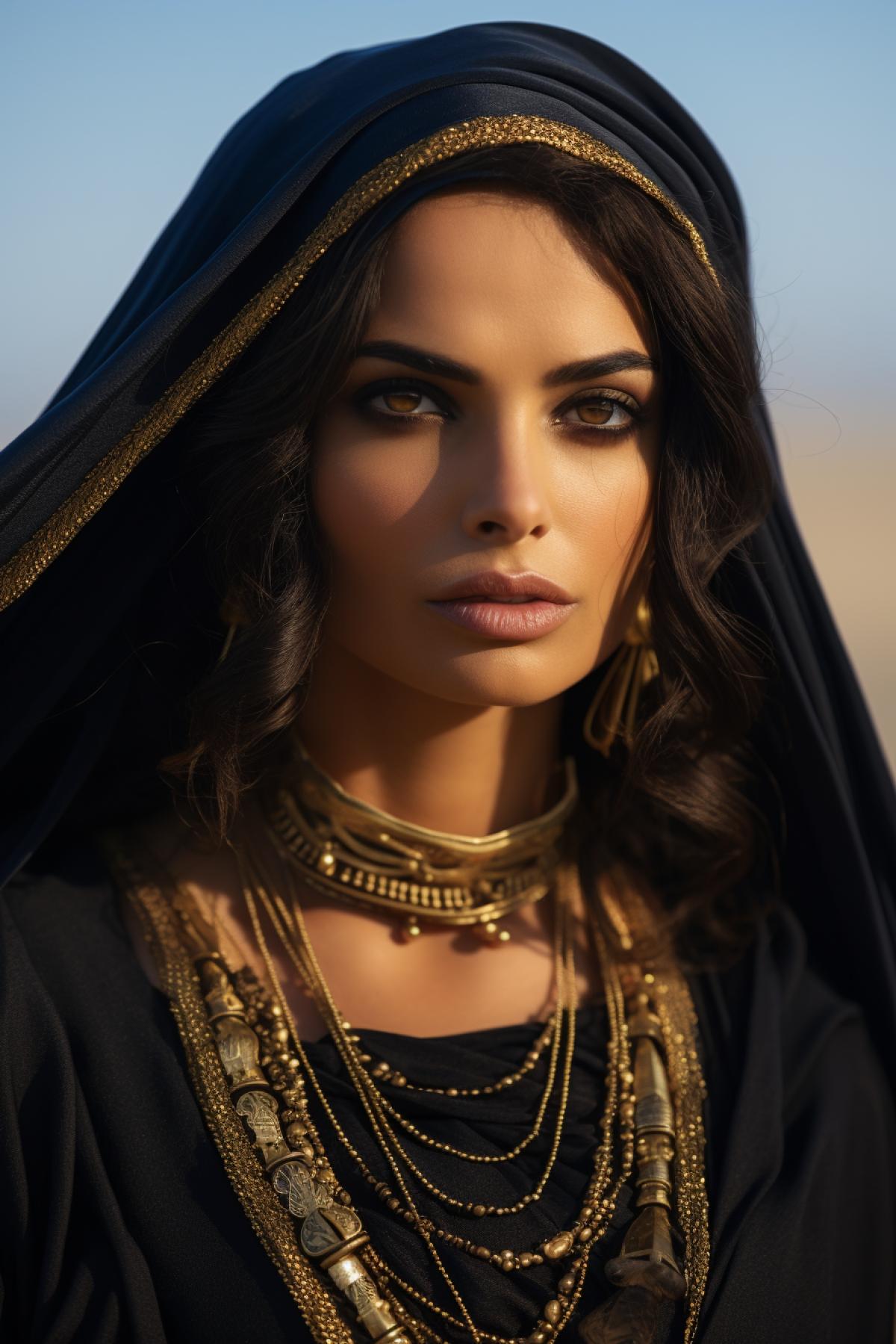 Bedouin woman in flowing clothes, dark eyeliner, gold jewelry, portrait, full body view, professional photo, dynamic shot, cinematic shot, dramatic shot,