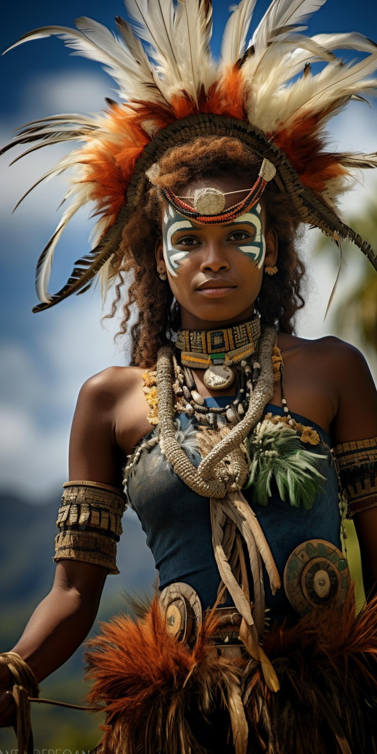 Papua woman in papua new guinea clothes, national clothes, full body view, professional photo, dynamic shot, cinematic shot, dramatic shot,