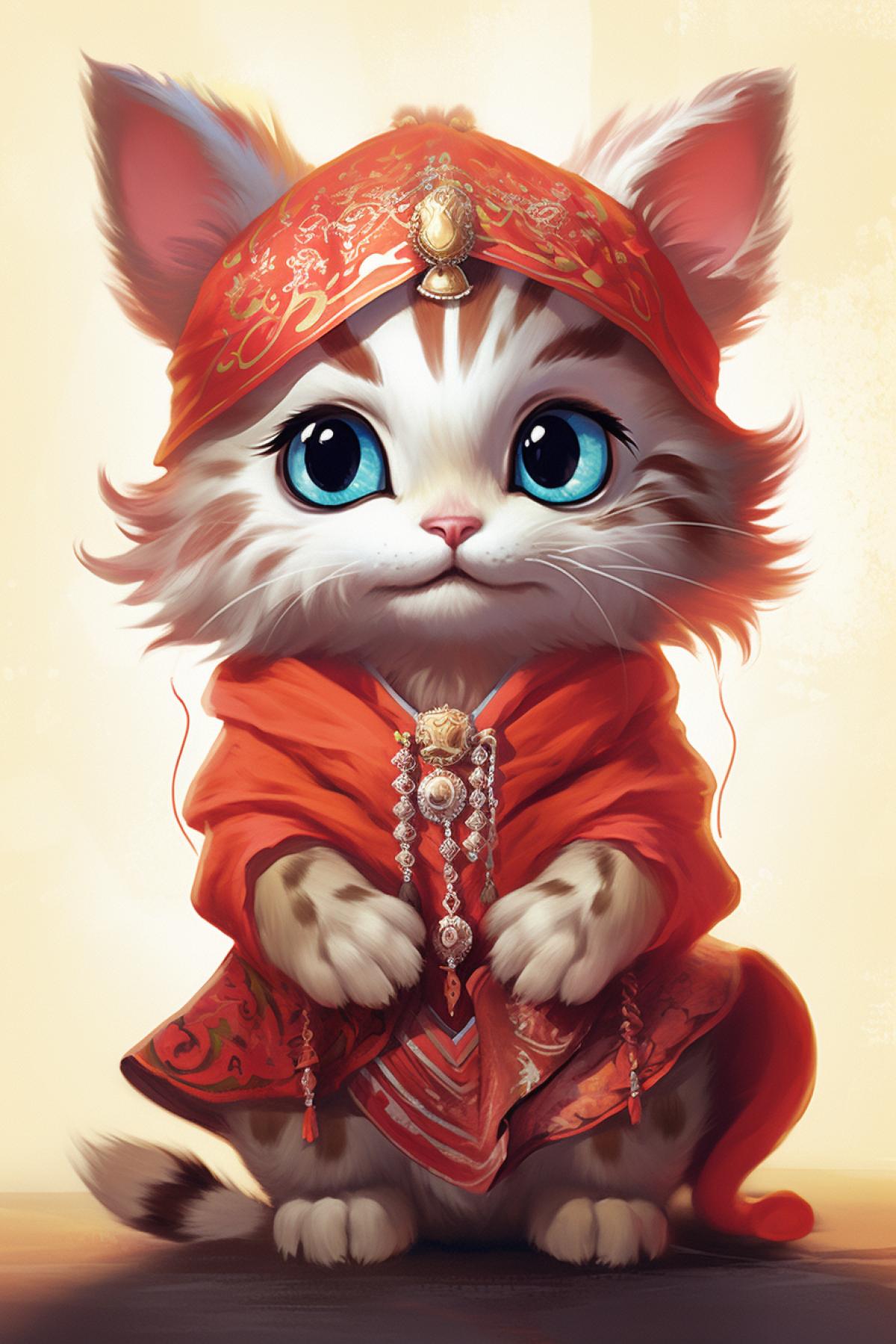 Kitten in sari, friendly cartoon