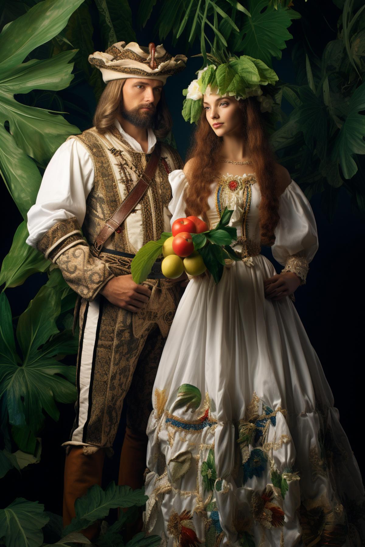 Adam and Eve in national costumes. Canonical image. Professional photography. High detail. Reverse perspective.
