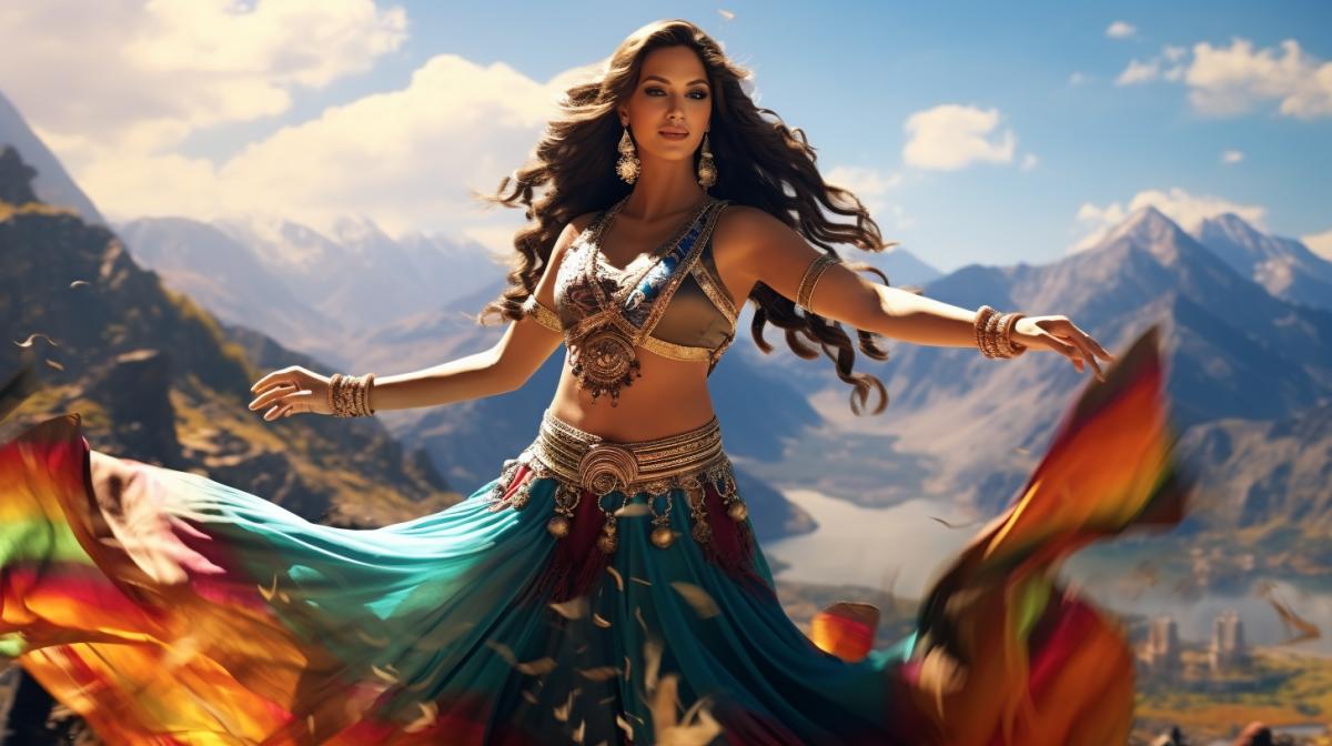 Indian belly dance, national Indian clothing,Bright colorful colors, Beautiful landscape, big panorama, best quality, super realistic, high detail, 4k