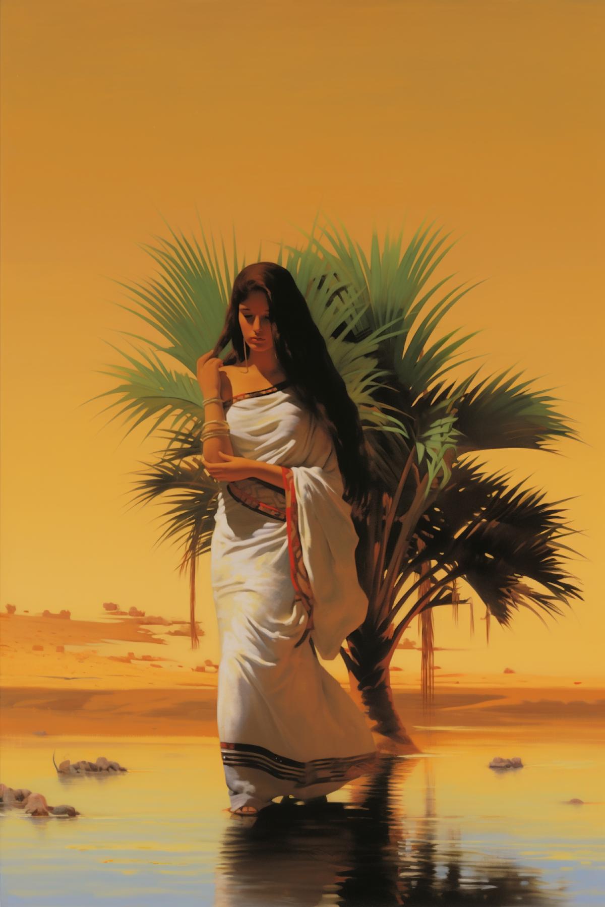 A beautiful Bedouin girl in a traditional dress in an oasis, palm trees, dunes, water, camels, the wind blows her hair