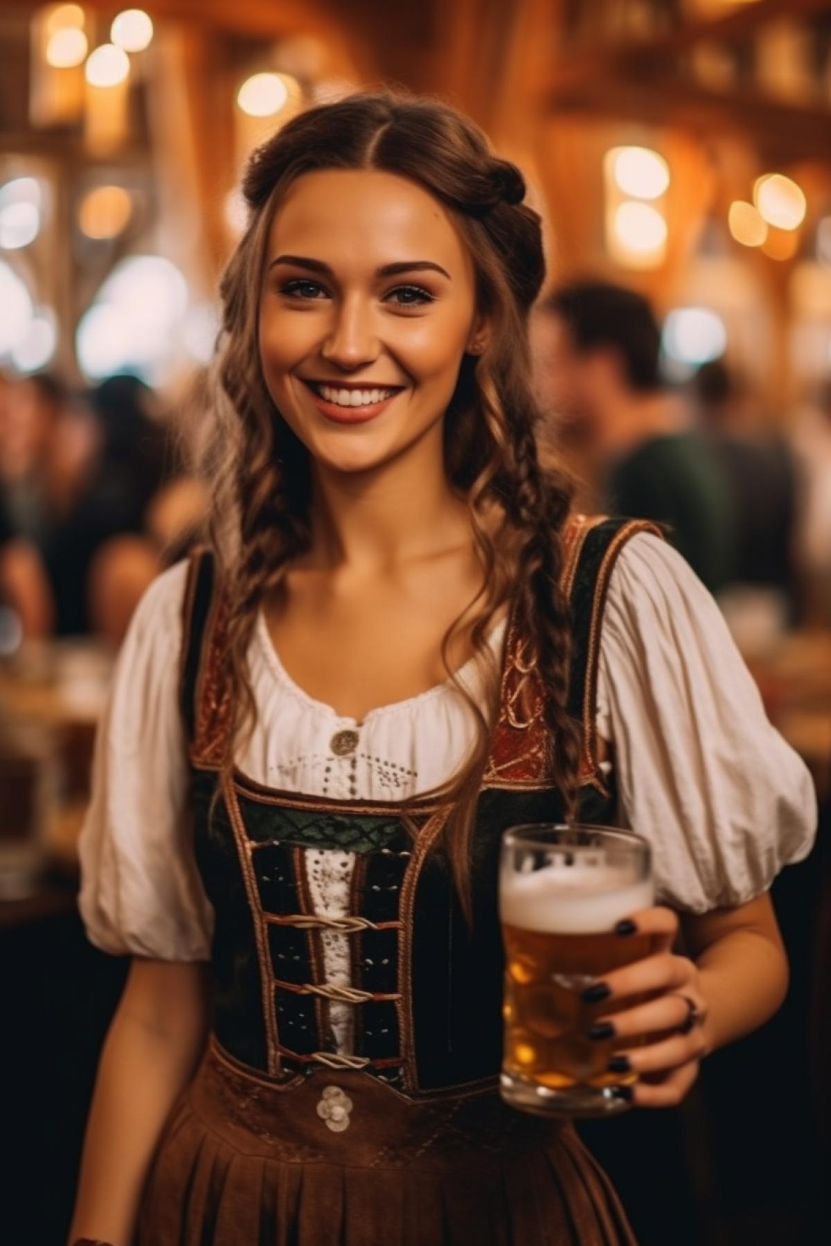 Woman at German festival Oktoberfest with friends on national costumes beer party