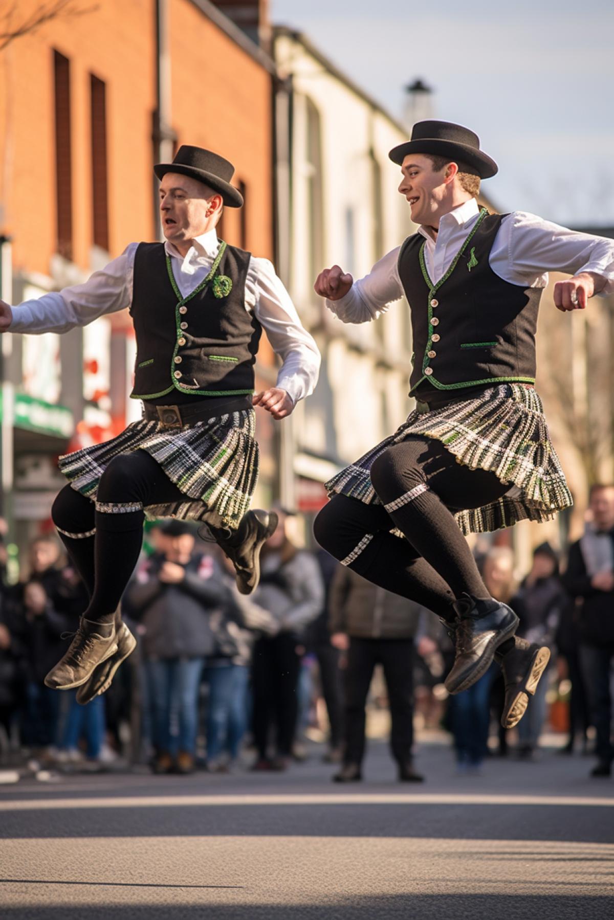 Irish national dance in costumes men in skirts bounce together and lift their feet in stiff shoes synchronously