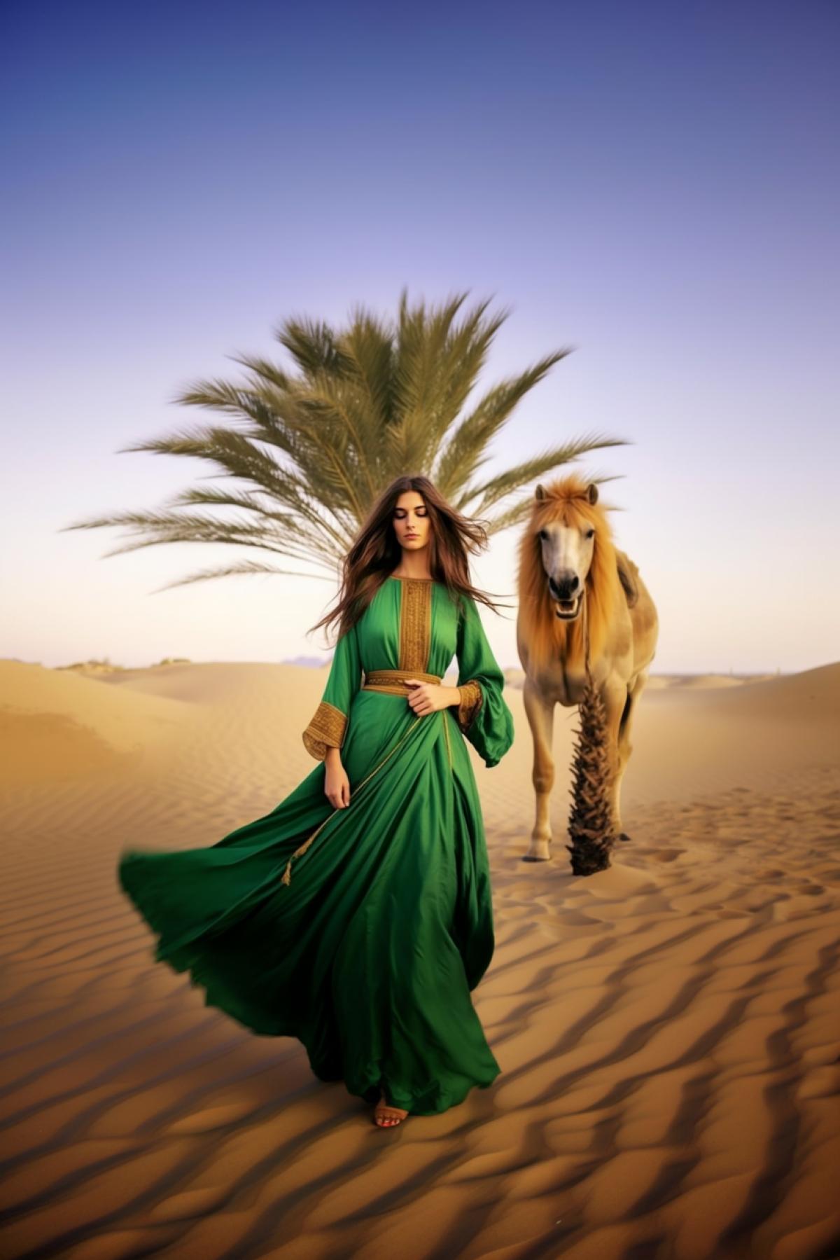 A beautiful Bedouin girl in a traditional dress in an oasis, palm trees, dunes, water, camels, the wind blows her hair