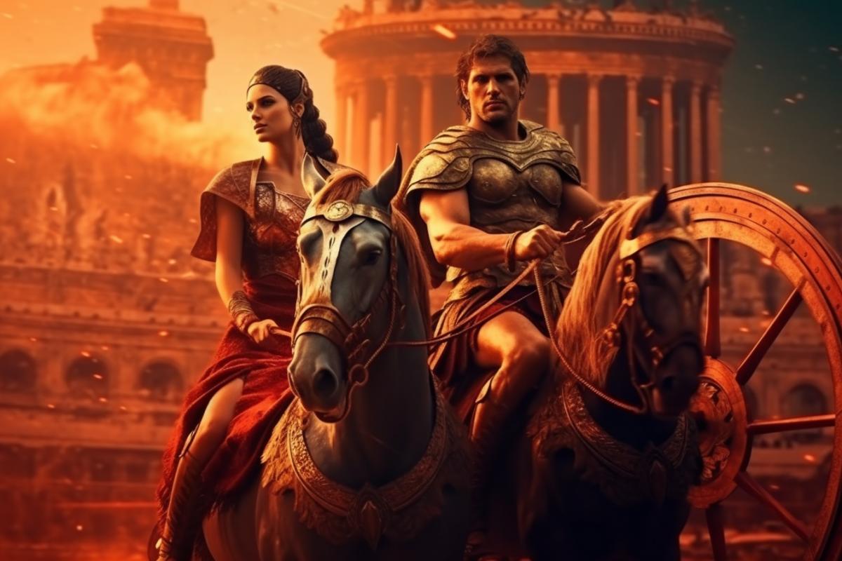 An athletic man and woman ride a chariot around the Colosseum. Clothing in the ancient Roman style. Laurel wreath. Triumph. Victory. High detail. cinematic light.