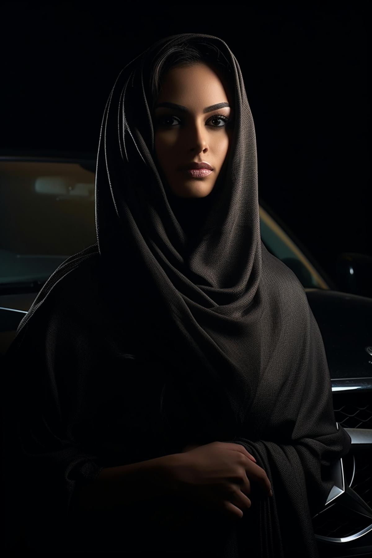 Young Arab lady full height the fourth view in dark traditional long loose cloak dark abaya and dark shayla face covered with dark veil standing in the dark Dubai night near dark Mercedes-Benz breathtaking photo