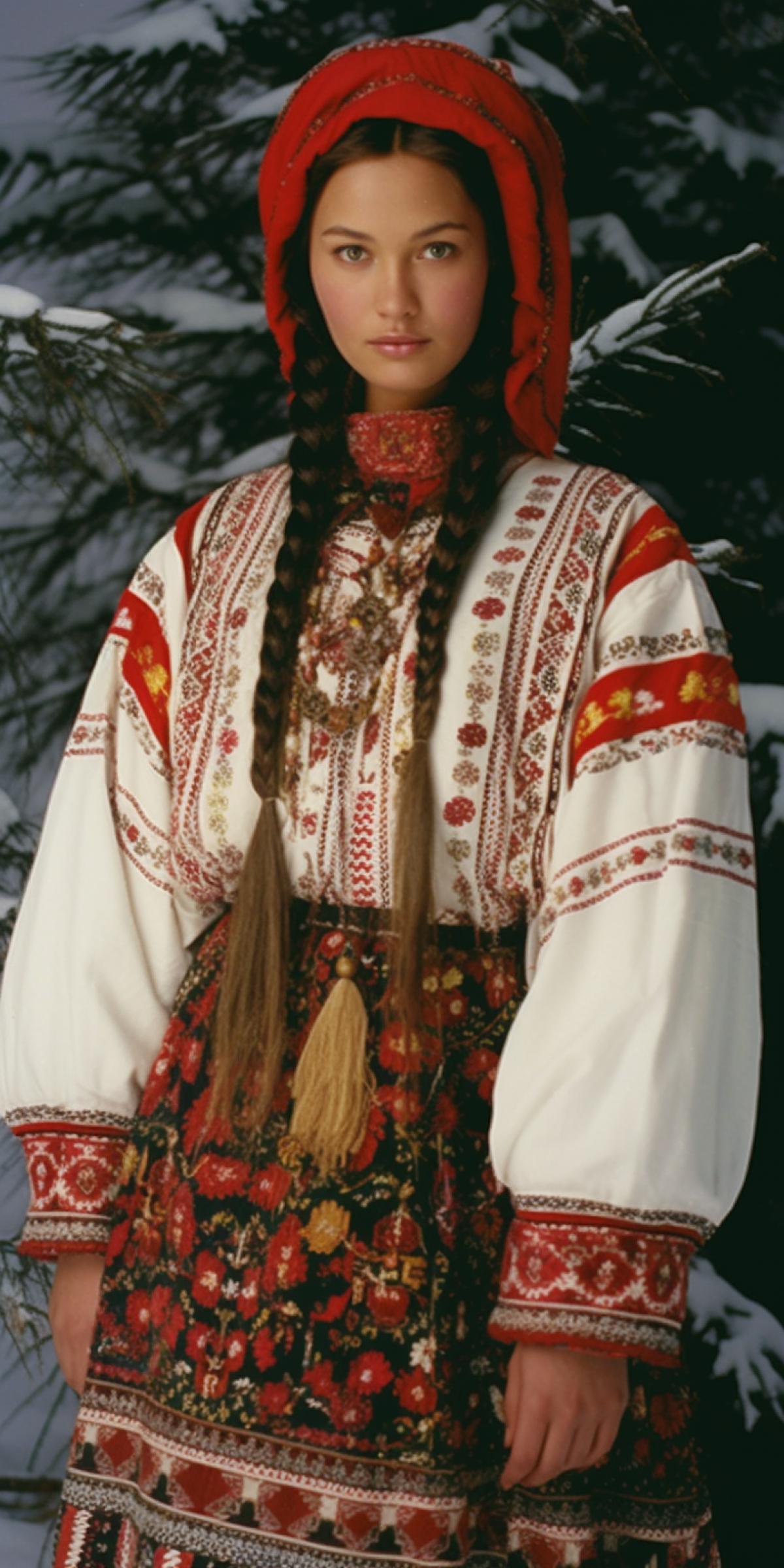 Young Naomi Campbell in a Russian folk dress. The background is tropical vegetation under the snow.
