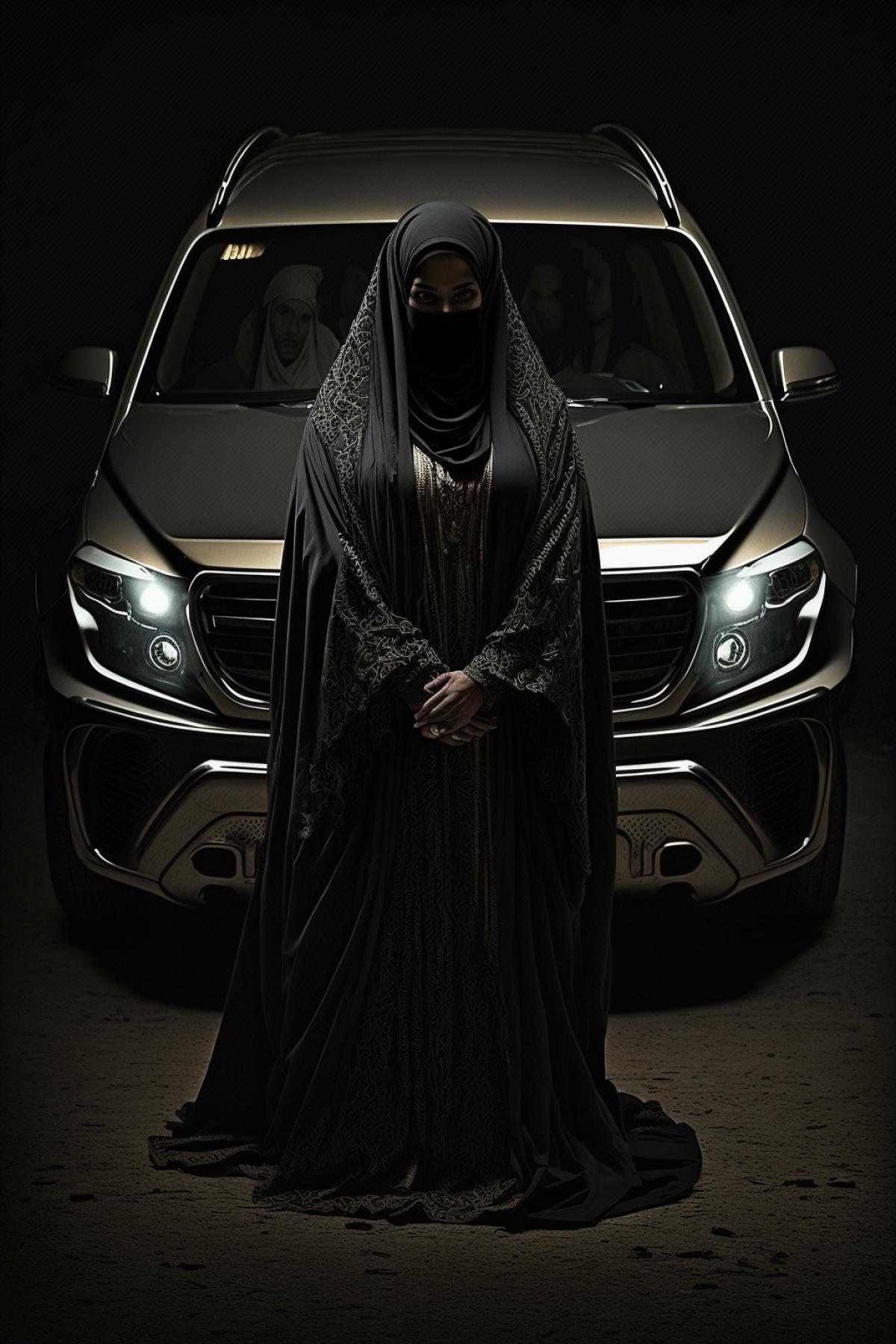 Young Arab lady full height the fourth view in dark traditional long loose cloak long sleeves dark abaya and dark shayla face covered with dark veil standing in the dark Dubai night near dark Mercedes-Benz breathtaking photo