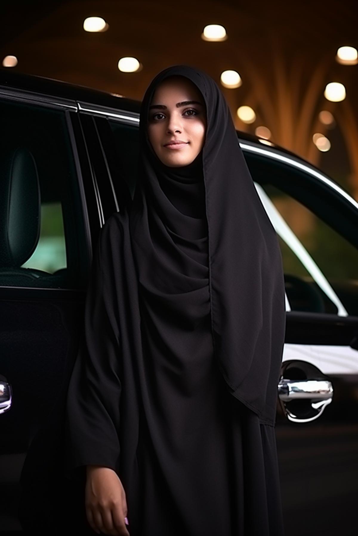 Young Arab lady full height three fourth view in dark traditional long loose cloak long sleeves dark abaya and dark shayla face covered with dark veil standing in the dark Dubai night near dark Mercedes-Benz breathtaking photo