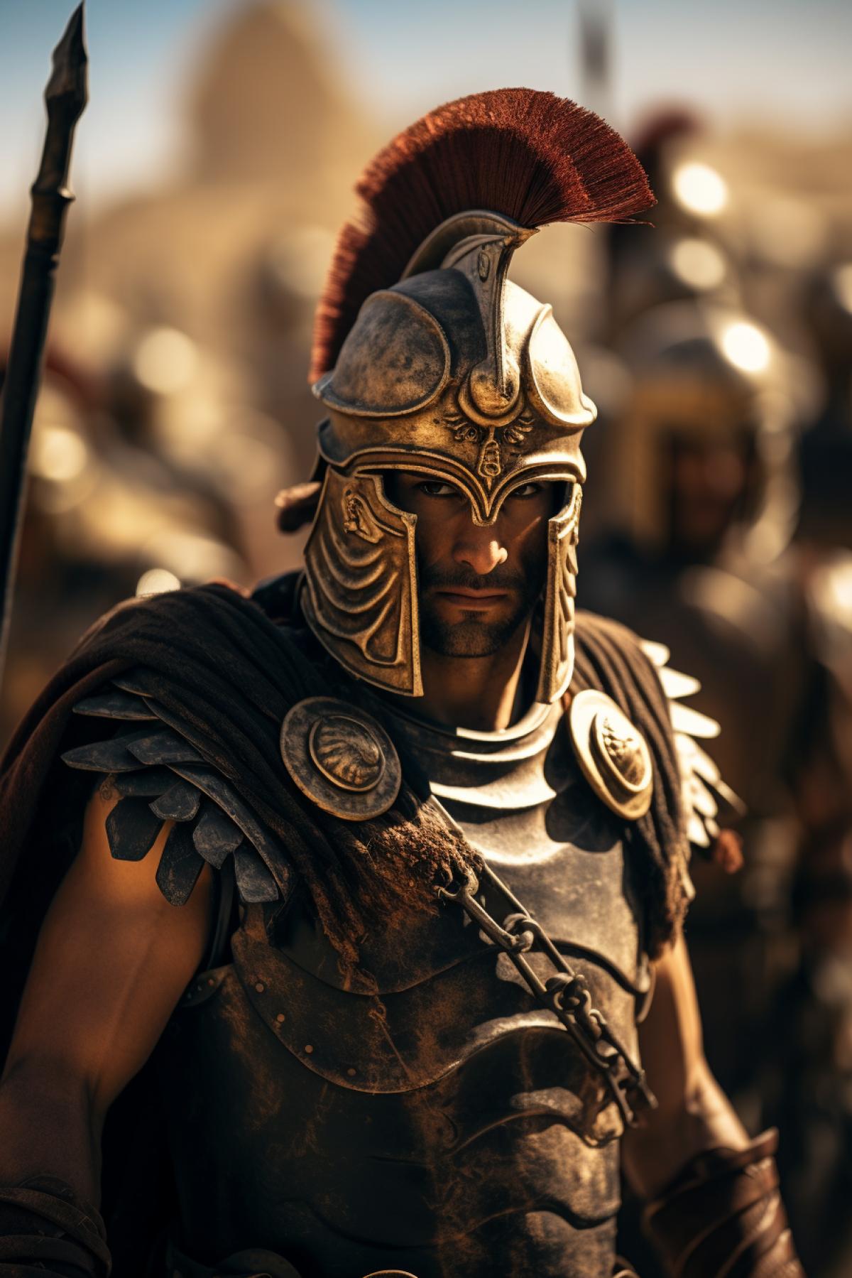 Young ancient Spartans in national military clothes blinding sun hot sands awarded photo