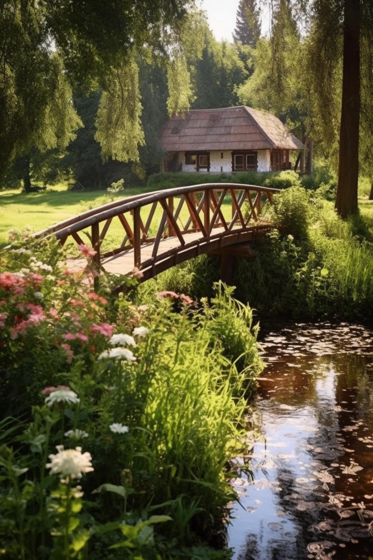 Small wooden bridge arc over small river in country side sunny summer day small houses on distance, trees flowers, calm happiness