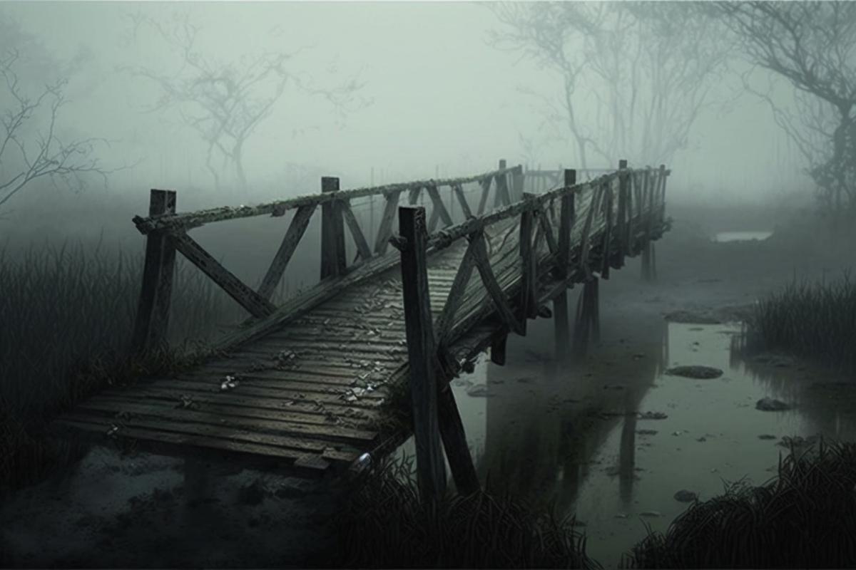Bridge in the swamp, mysterious, foggy, gloomy
