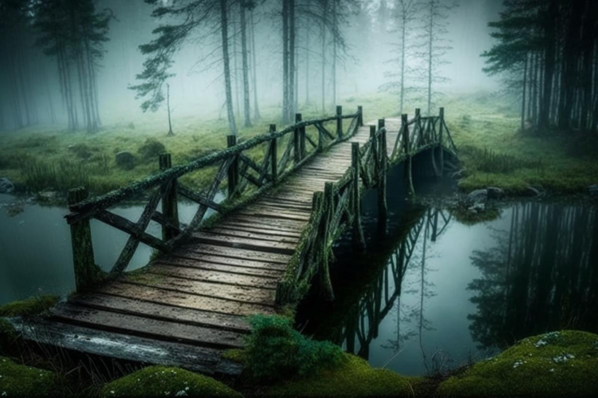 Bridge in the swamp, mysterious, foggy, gloomy