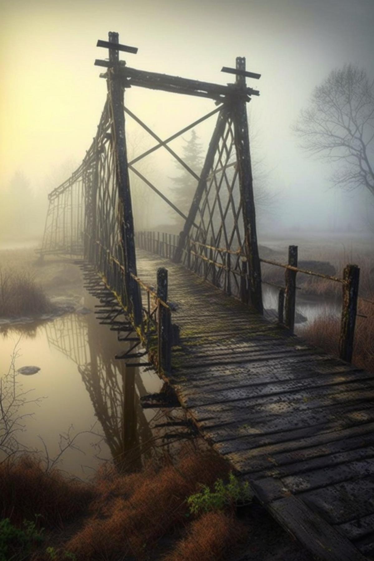 Abandoned wooden bridge in the fog at dawn
