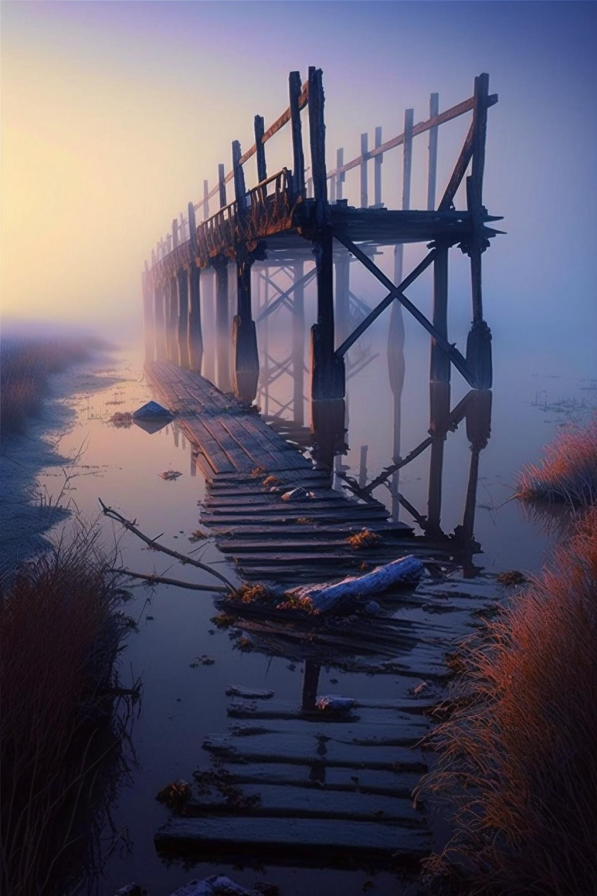 Abandoned wooden bridge in the fog at dawn