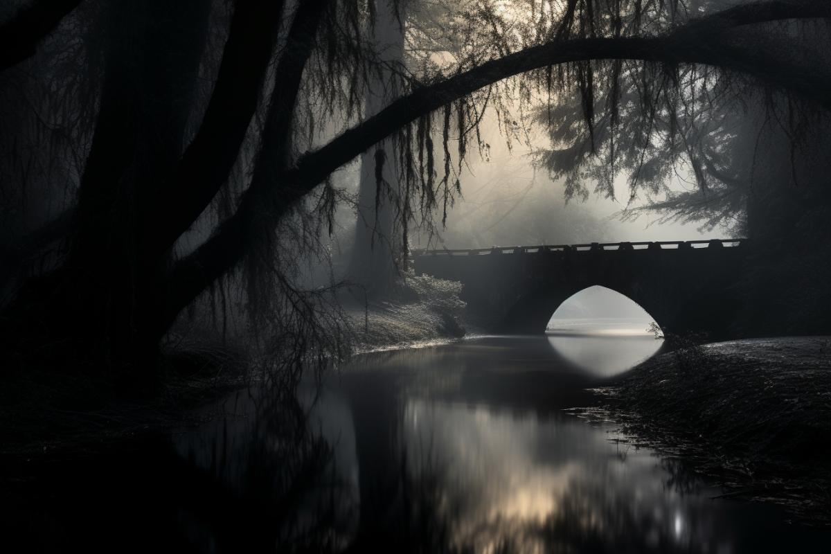 A mist-covered bridge shrouded in moonlight, surrounded by ancient trees, with a touch of surrealism, dreamlike, ethereal, long exposure, minimalistic, dark and white, evoking a sense of mystery and tranquility, reminiscent of the works of Ansel Adams, Hiroshi Sugimoto, and Michael Kenna.