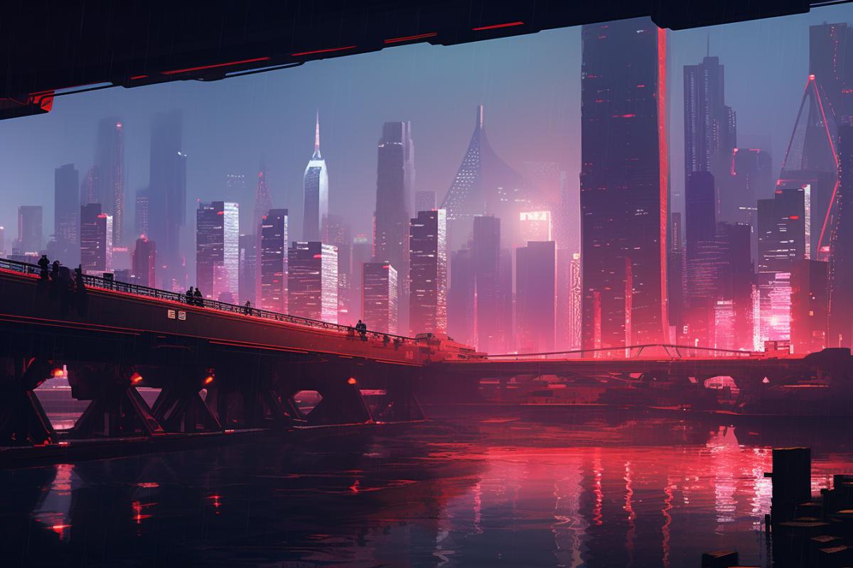 A futuristic, sci-fi bridge spanning across a vast cityscape, illuminated by neon lights, with a cyberpunk aesthetic, dynamic angles, rain-soaked streets, reflections, gritty, high contrast, bustling with activity, reminiscent of Blade Runner, Ghost in the Shell, and the artwork of Simon Stalenhag and Ruan Jia