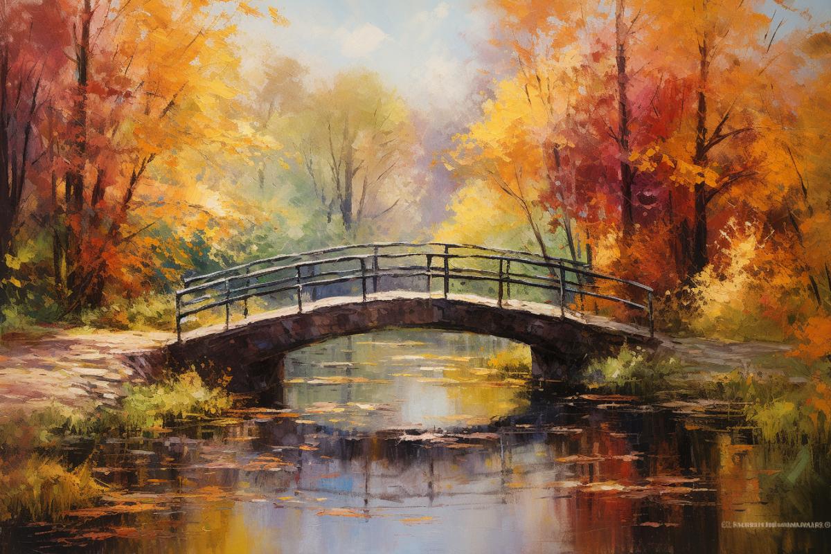 A rustic wooden bridge in a rural countryside setting, surrounded by vibrant autumn foliage, warm sunlight filtering through the trees, capturing the essence of serenity, nostalgia, and simplicity, with a painterly, impressionistic style, textured brushstrokes, warm color palette, reminiscent of the works of Claude Monet, Thomas Kinkade, and Vincent van Gogh.