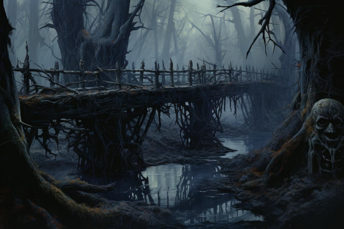 Haunting image of a rickety wooden bridge disappearing into a dense, foggy forest, art by ian miller and john howe and zdislav beksinski, gloomy, dark, mysterious, eerie, sharp focus, intricate, digital painting, artstation, matte, concept art, ghostly apparitions, low light, suspenseful, highly detailed, monochromatic, trending on deviantart.