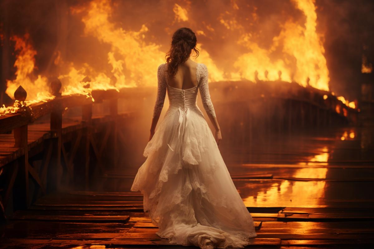 A girl in a wedding dress sets fire to a wooden bridge with a burning torch. Early morning. The background has a bridge, a river, a small church.