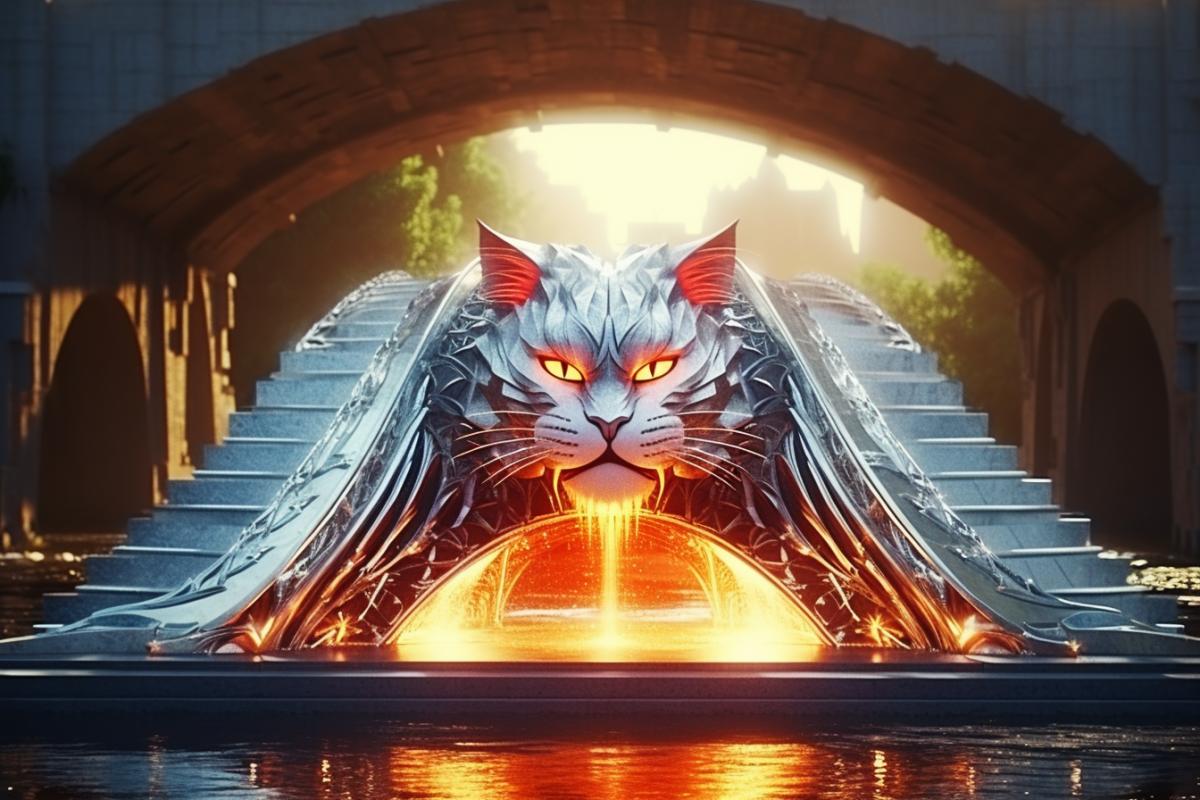 Bridge in the form of a cat. The front paws of the cat are on one side of the river, and the hind legs are on the other side. The cat opened its mouth wide. Cars drive into the cats mouth. Futuristic background. Cyberpunk style. Professional photo. High detail.