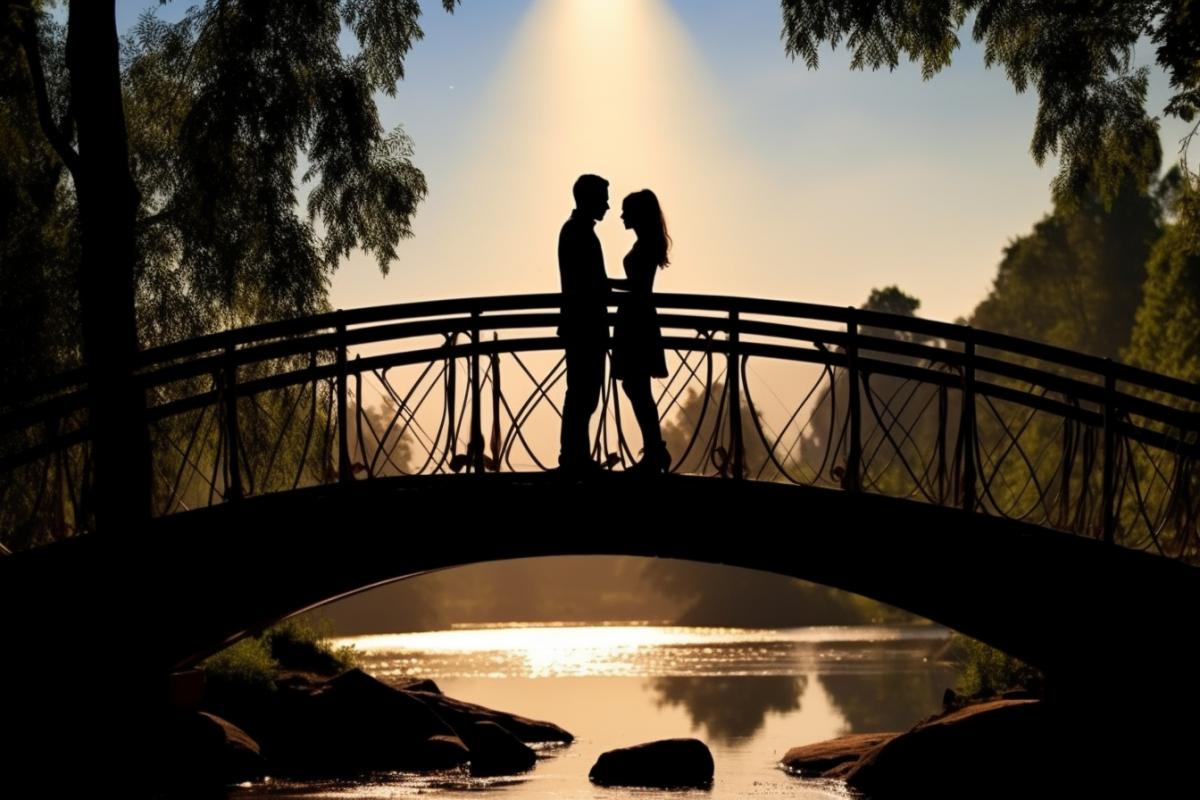 A couple of lovers are standing on the bridge. Professional photography. Beautiful background. Love. Tenderness. Milota.