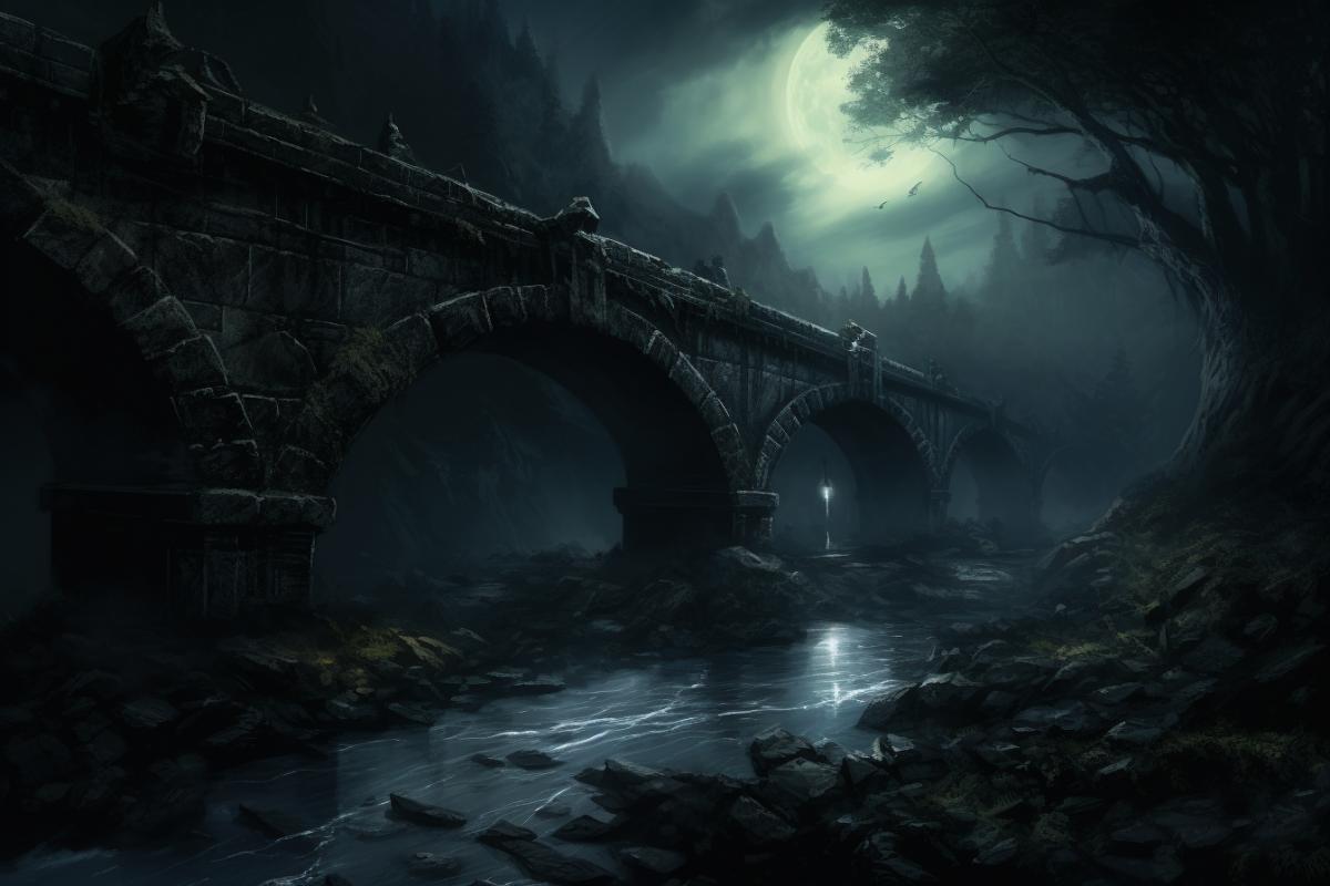 Gothic stone bridge over a misty river, midnight scene, glowing moon, mysterious, dark, dramatic, art by H.R. Giger and Brom and Yodirtaka Amano, digital painting, gothic, surreal, highly detailed, sharp focus, noir lighting, haunting, artstation, concept art, illustration, deep perspective