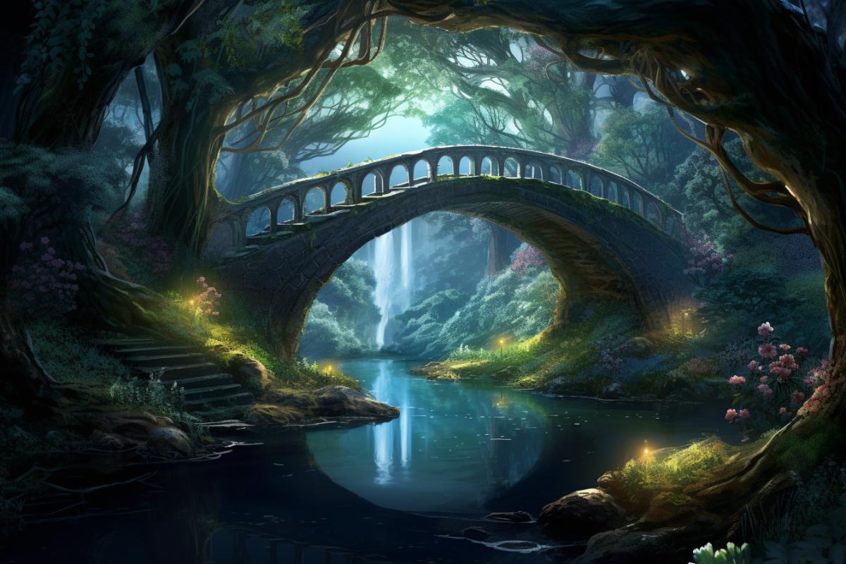A fantastical bridge crafted from immense ancient tree roots, connecting two mystical forest treetops, magic-infused, glowing flora and fauna, art by Artgerm, Greg Rutkowski, Magali Villeneuve, and Loish, evening ambience, moonlight reflection, organic, dense foliage, digital painting, dreamy, soft focus, trending on DeviantArt, highly detailed.