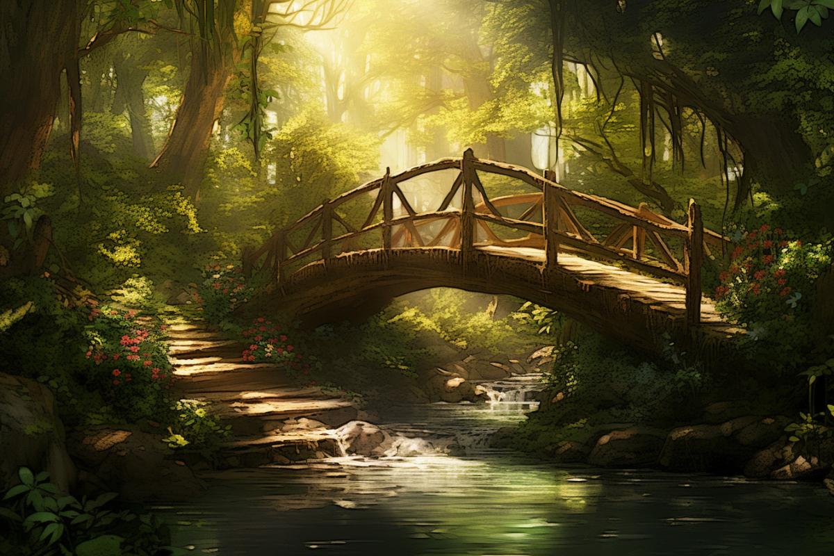 Rustic wooden bridge in a dense enchanted forest, fairytale style, dappled sunlight filtering through leaves, magical, serene, painting by Thomas Kinkade and Kinuko Y. Craft and Brian Froud, digital illustration, warm colors, artstation, highly detailed, soft focus, immersive, concept art, traditional painting look, art nouveau elements.