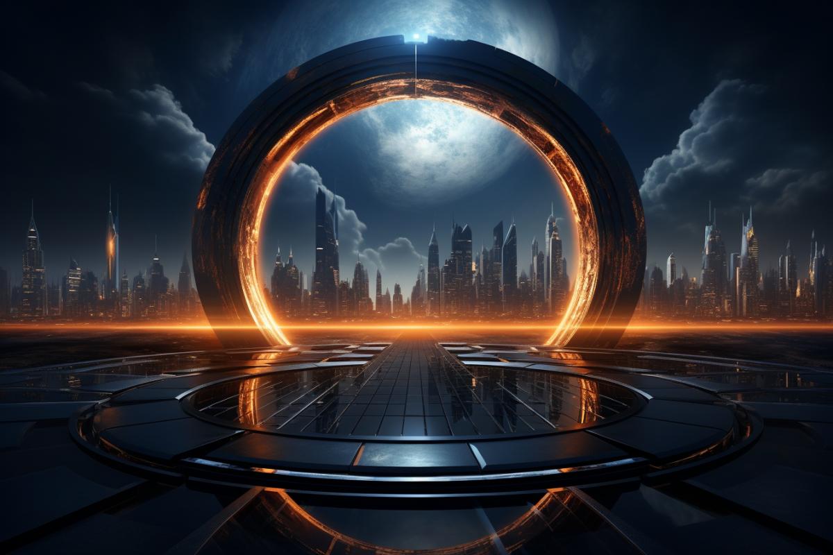 Bridge between worlds. Magic light. Futuristic background. Cyberpunk style. Professional photo. High detail.
