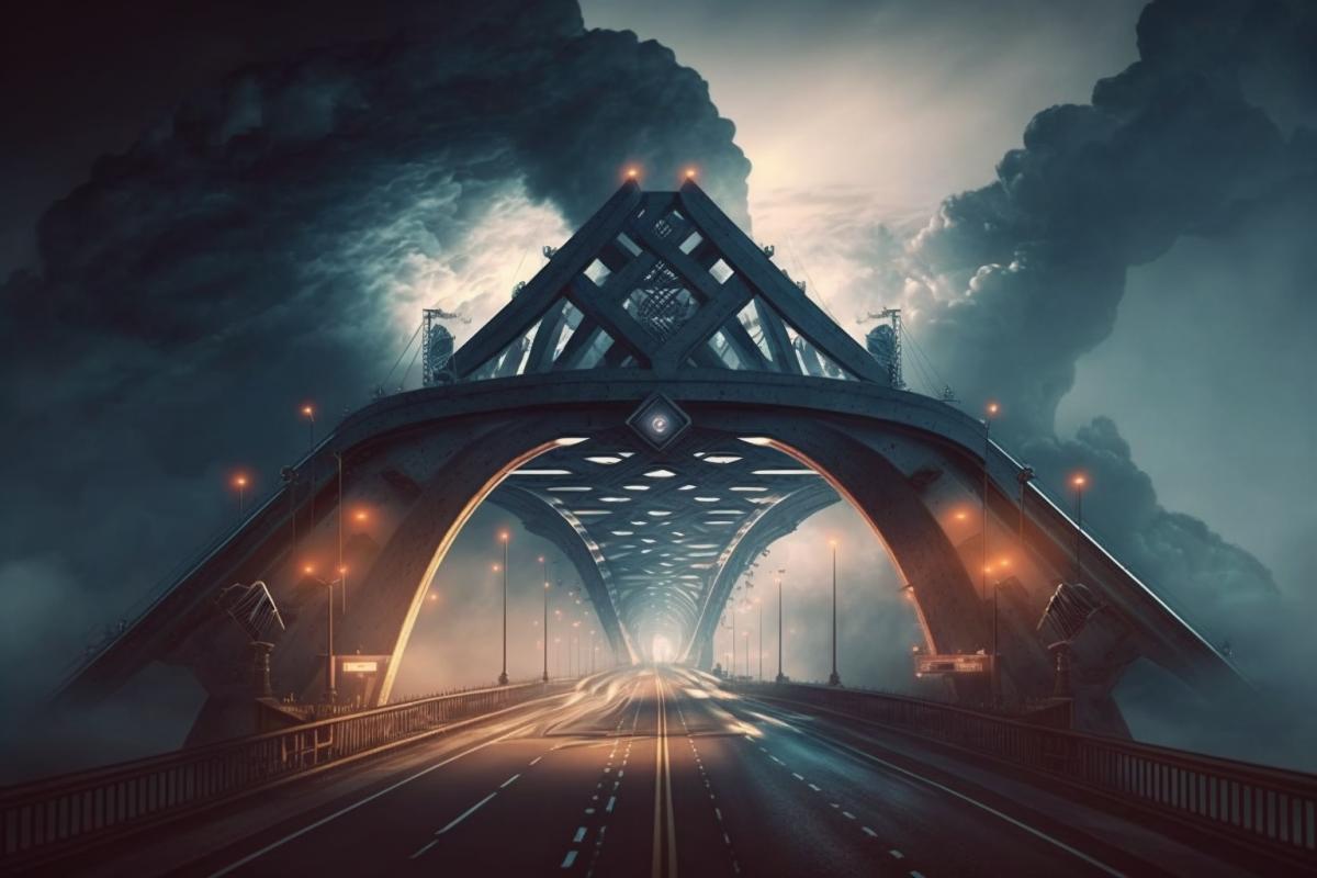 Einstein-Rosen Bridge. :: Bridge between worlds. Magic light. Futuristic background. Cyberpunk style. Professional photo. High detail.