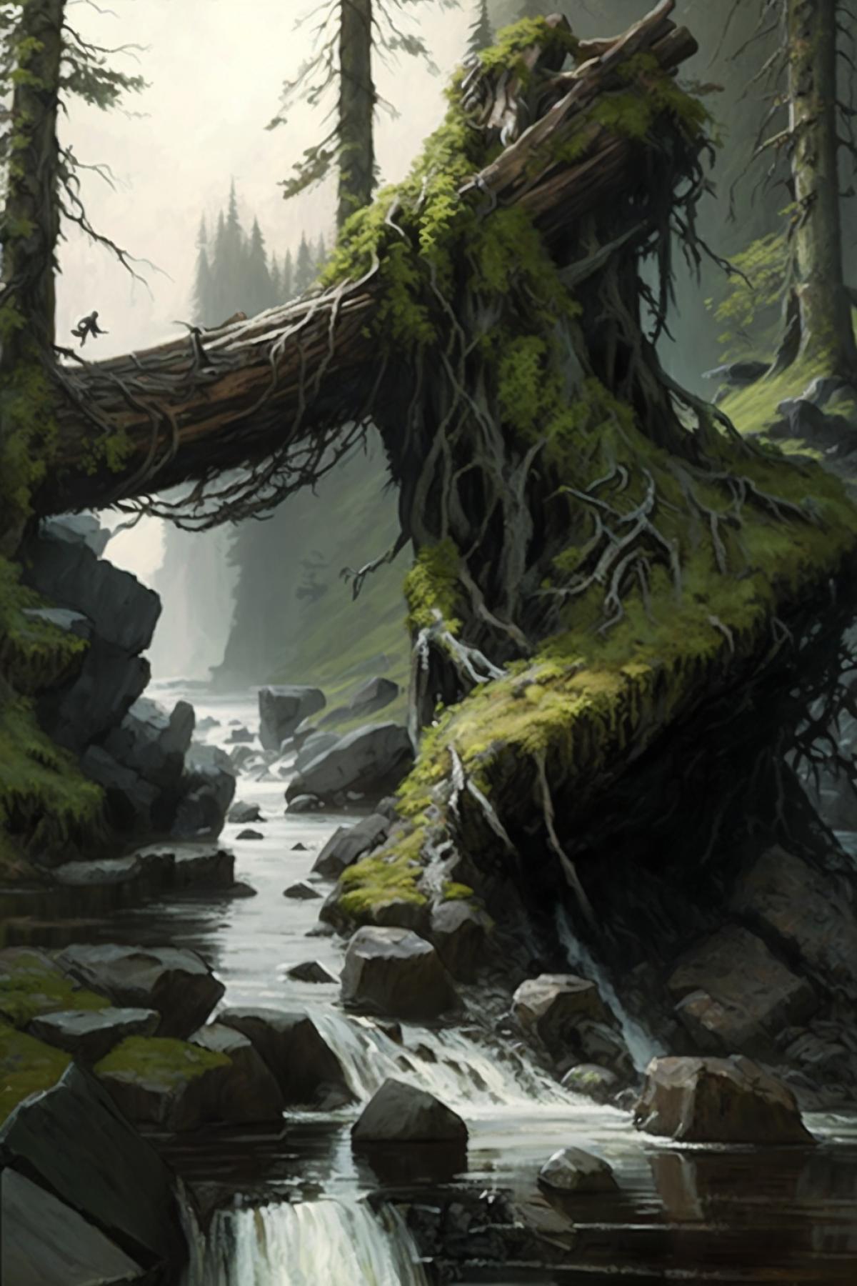 A narrow rocky mountain stream, steep banks, mixed forest along the banks, a fallen trunk of an ancient tree lies above the river and serves as a bridge