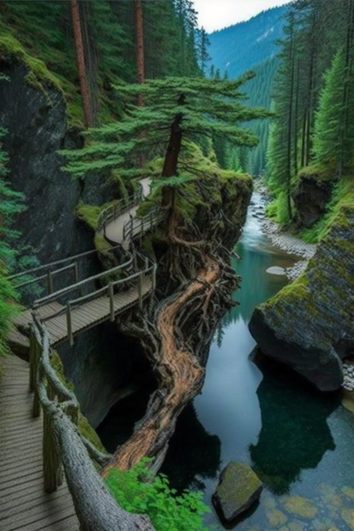 A narrow rocky mountain stream, steep banks, mixed forest along the banks, a fallen trunk of an ancient tree lies above the river and serves as a bridge